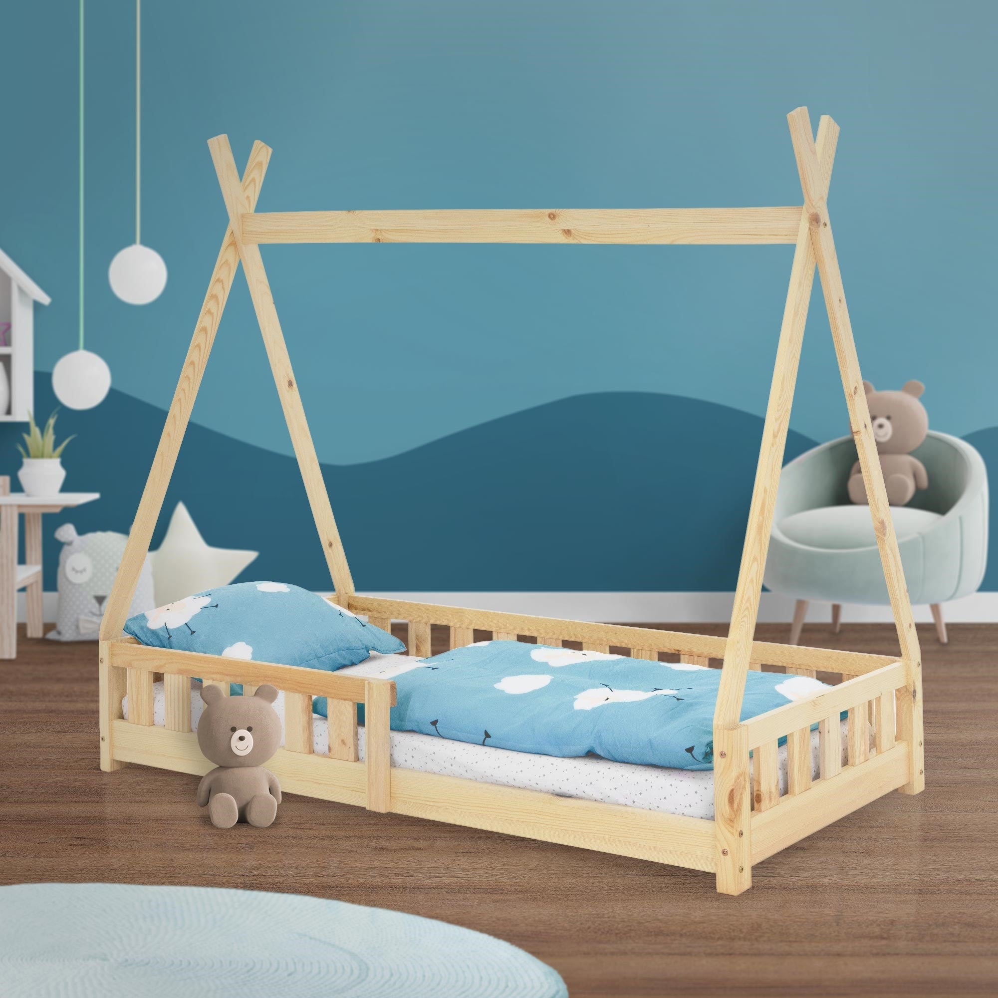 ECD Germany Kinder Lit Tipi Enfant 80x160 cm Pin avec Barrière