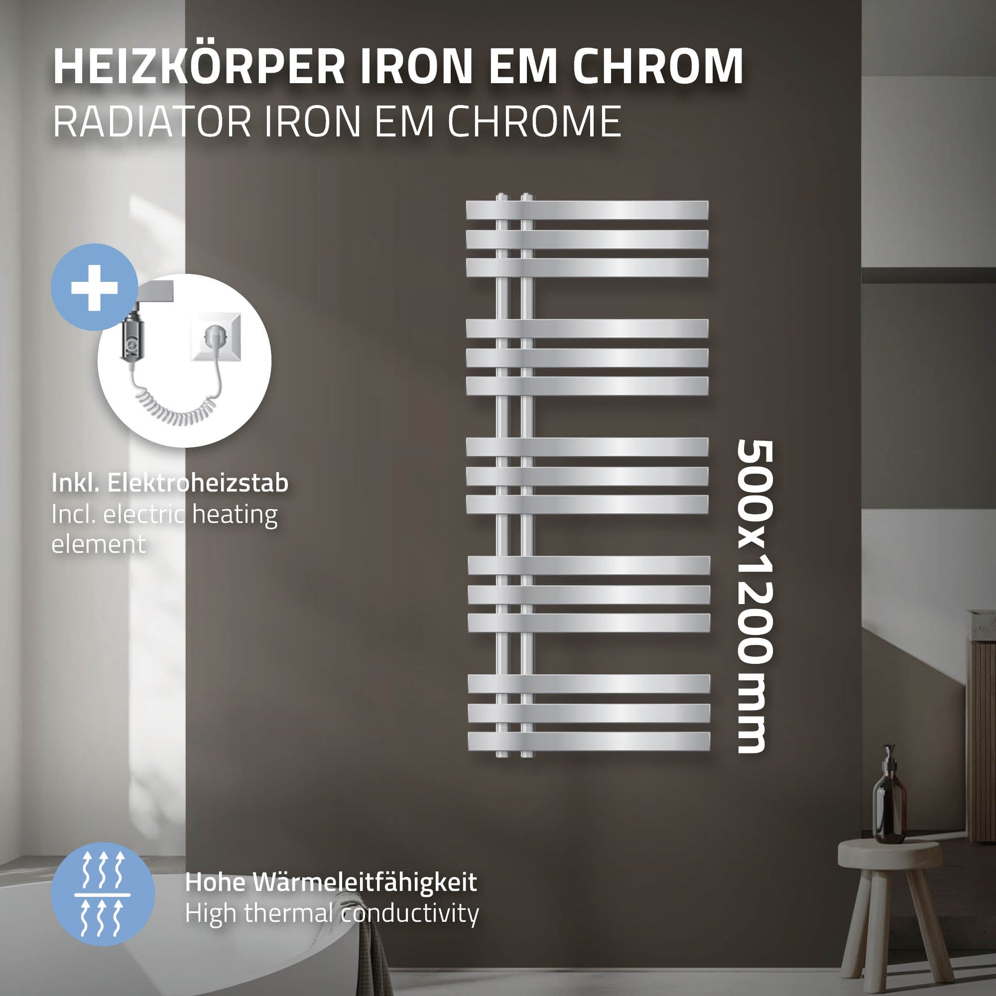 Iron EM 500x1200 sèche-serviettes chromé + tige 1200W