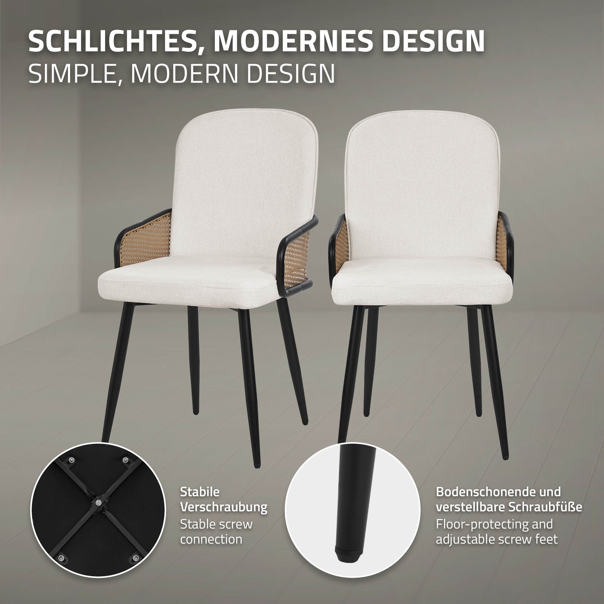 ECD Germany ML-Design lot 2 chaises tissu anthracite rotin 120 kg