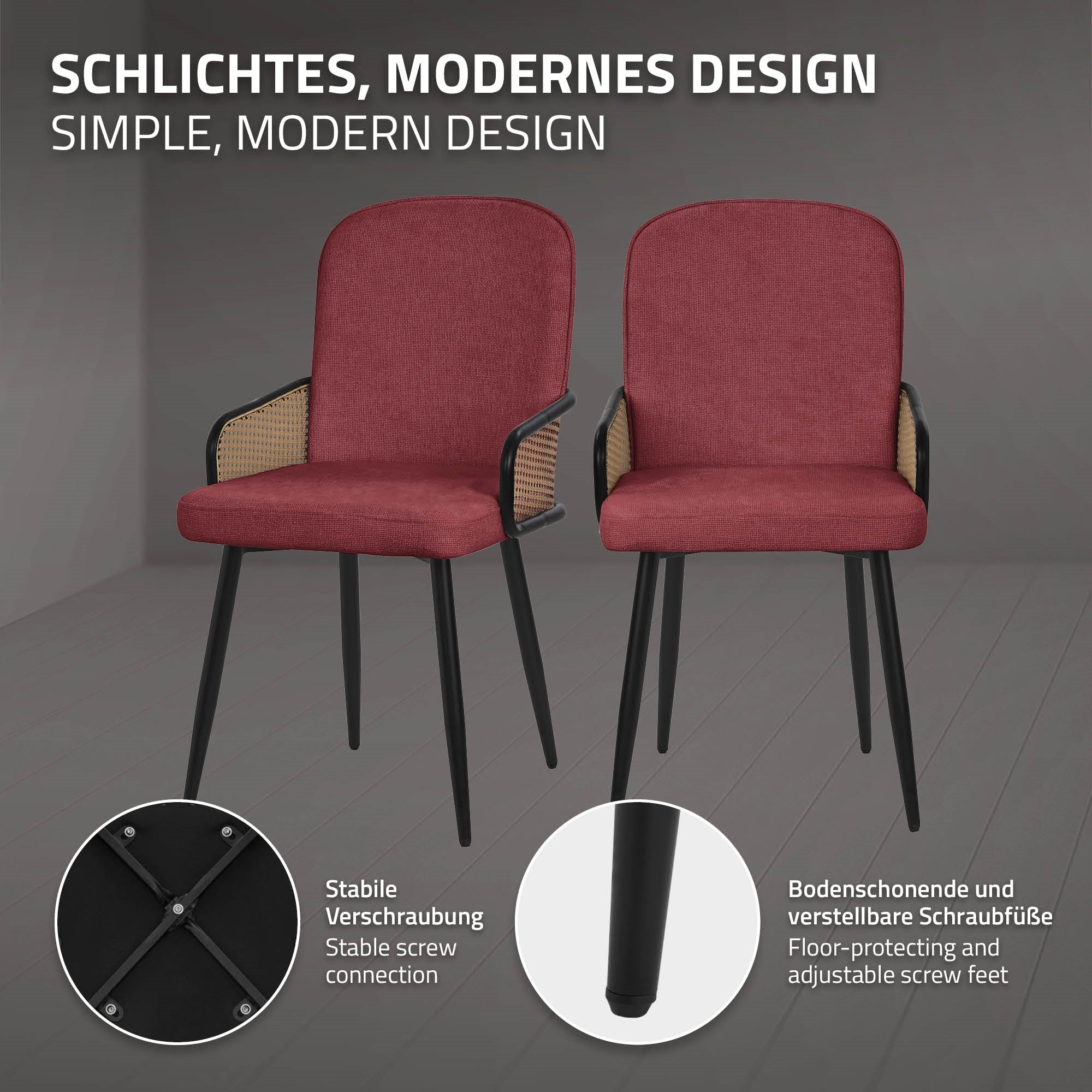 ECD Germany Möbel lot 6 chaises salle à manger rouge accoudoirs