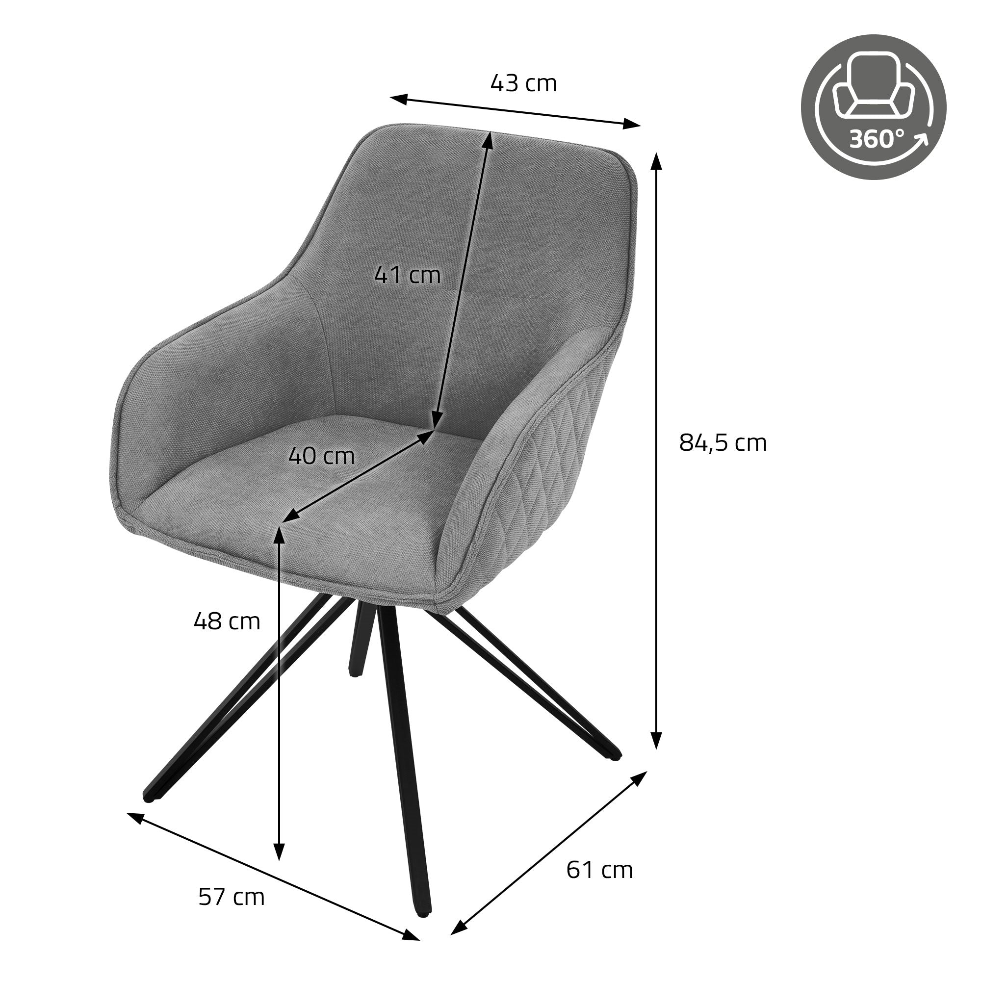ECD Germany Möbel chaise salle à manger pivotante grise tissu