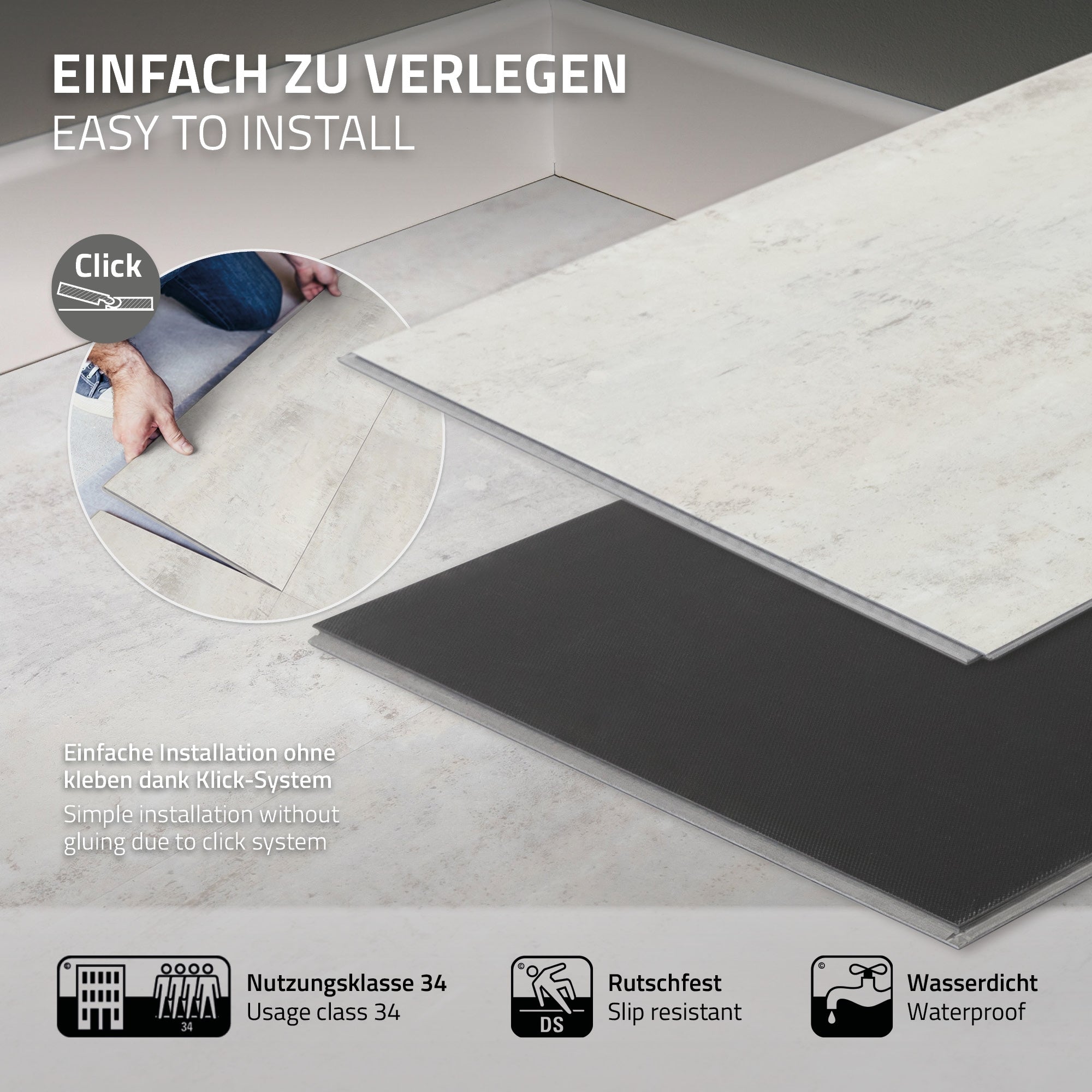 ECD Germany sol vinyle clic ciment clair 7,44 m² 40 lames