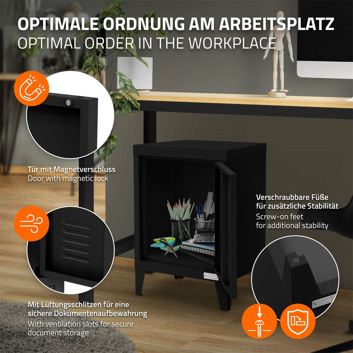 ECD Germany Aktenschrank 40x30x57,5 cm armoire bureau acier noir