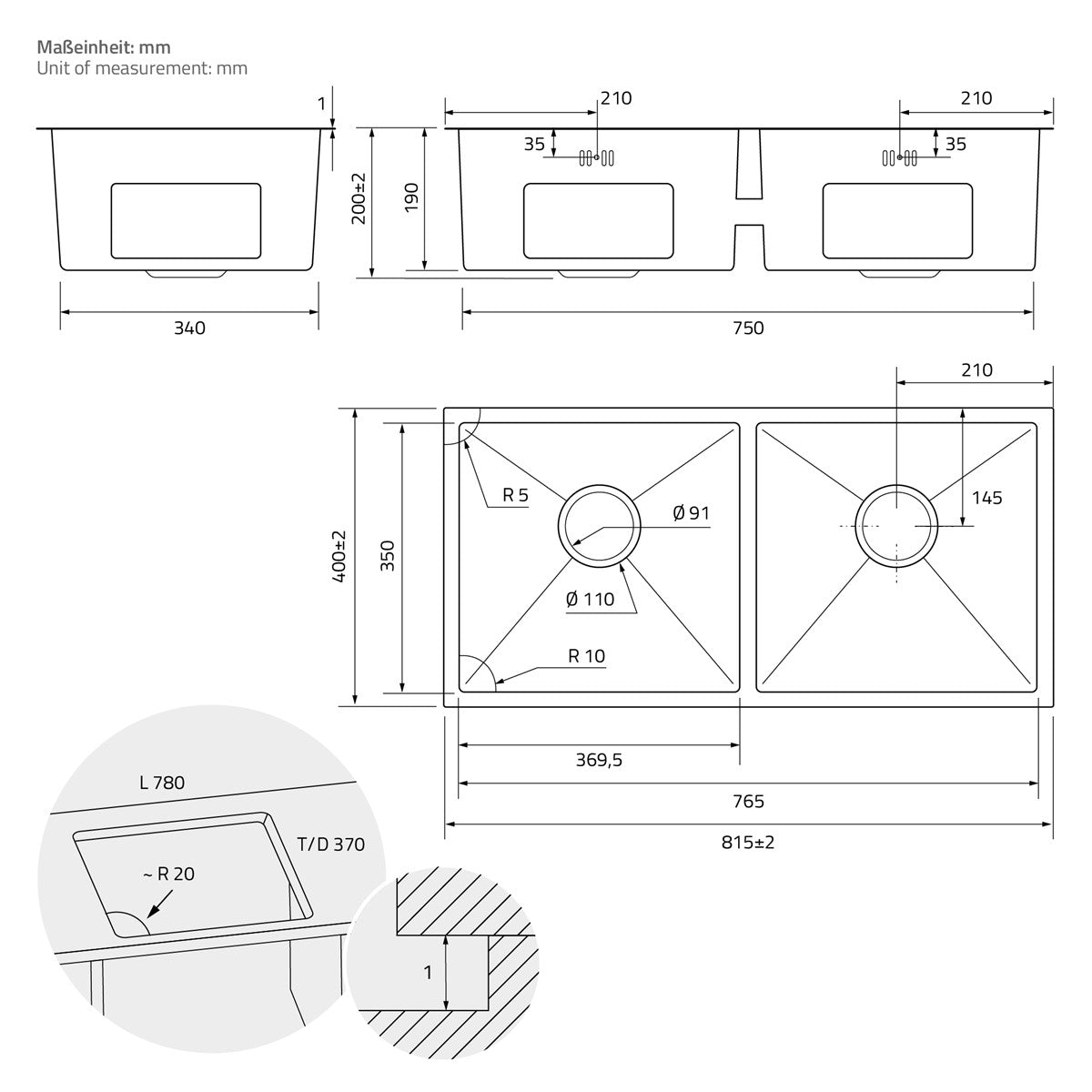ECD Germany Sanitär Double Évier Inox Argent 2 Bacs