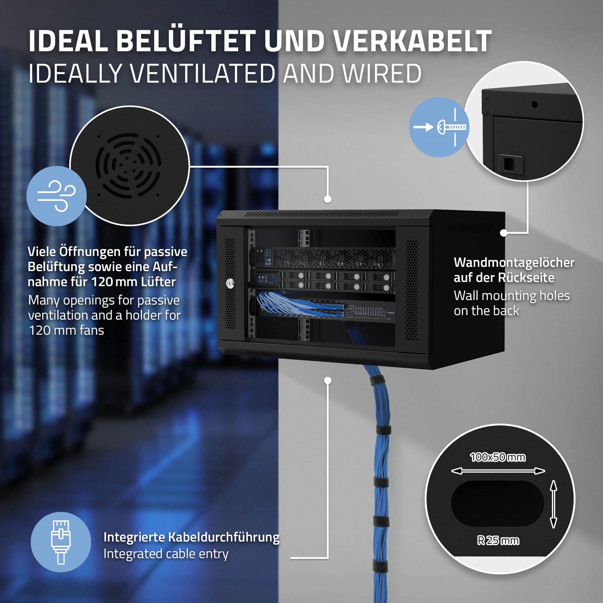 ECD Germany Werkstatt & Werkzeuge Baie réseau 19" 16U gris 60kg monté
