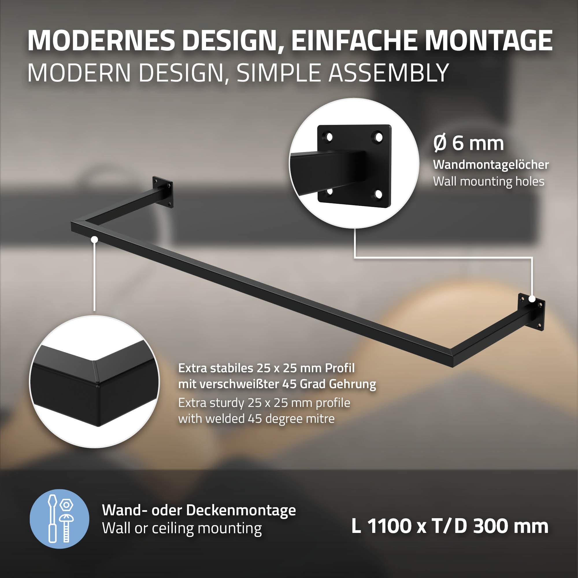ECD Germany ML-Design portant mural noir 30x110 acier lot 3