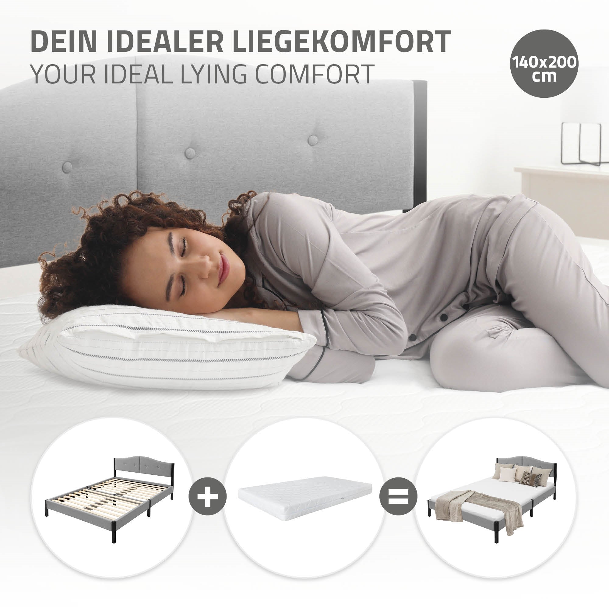 ECD Germany Möbel lit capitonné 140x200 cm gris sans matelas