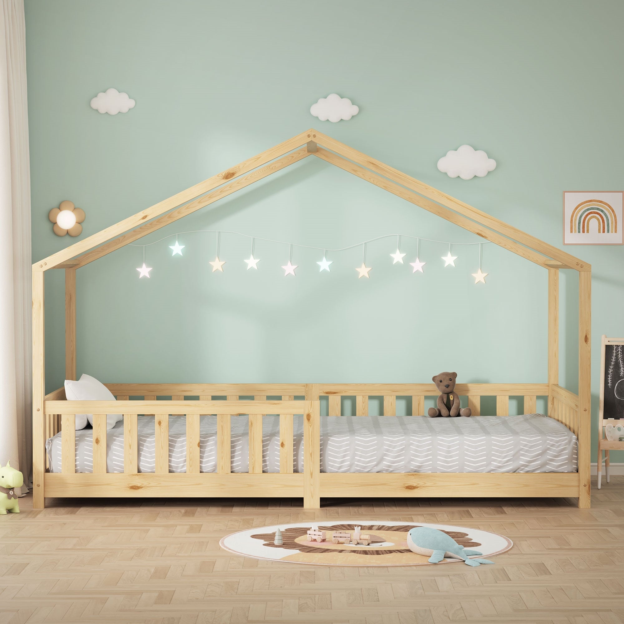 ECD Germany Kinder Lit cabane 90x200 cm nature pin avec sommier