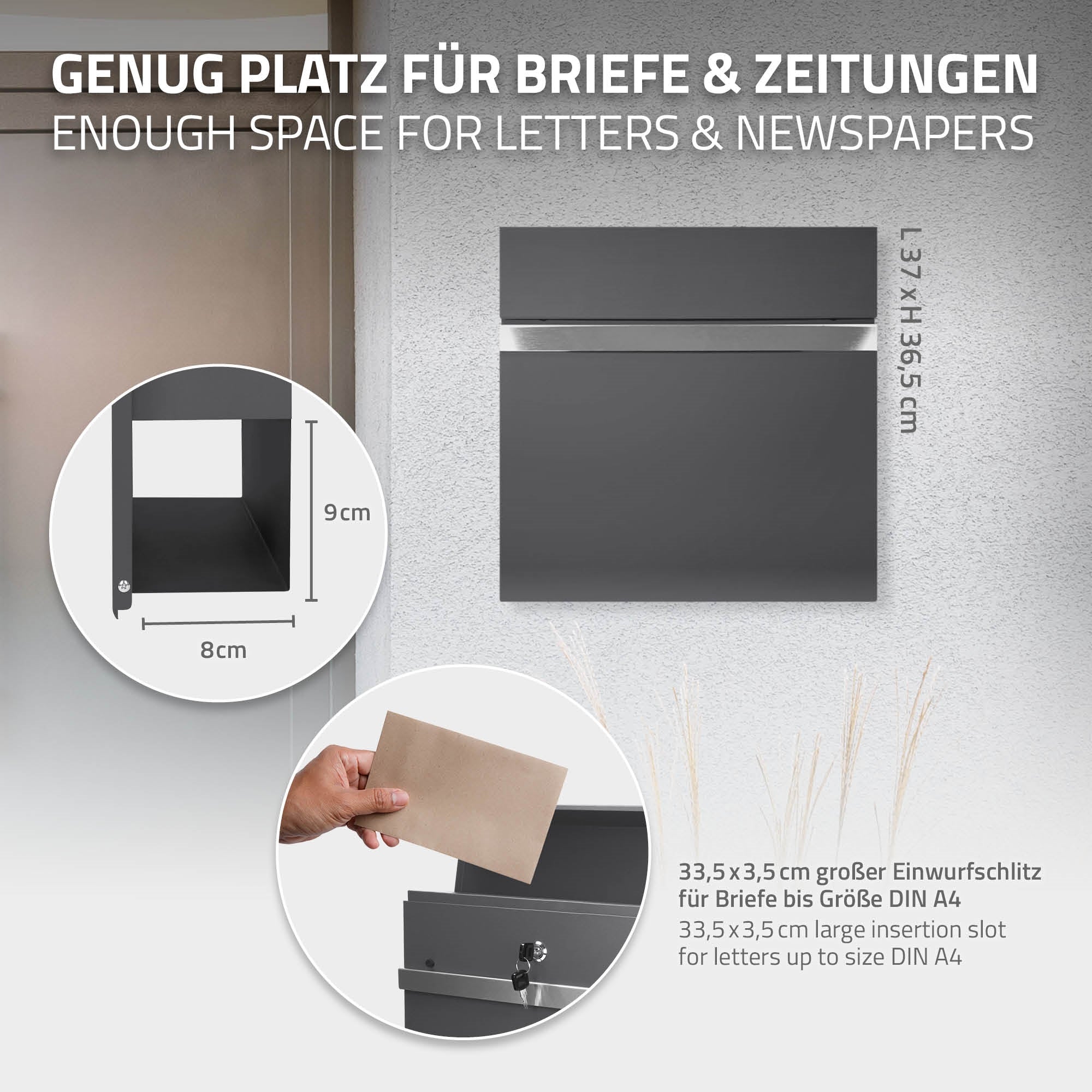 ECD Germany boîte aux lettres anthracite acier 37x36,5x11 cm