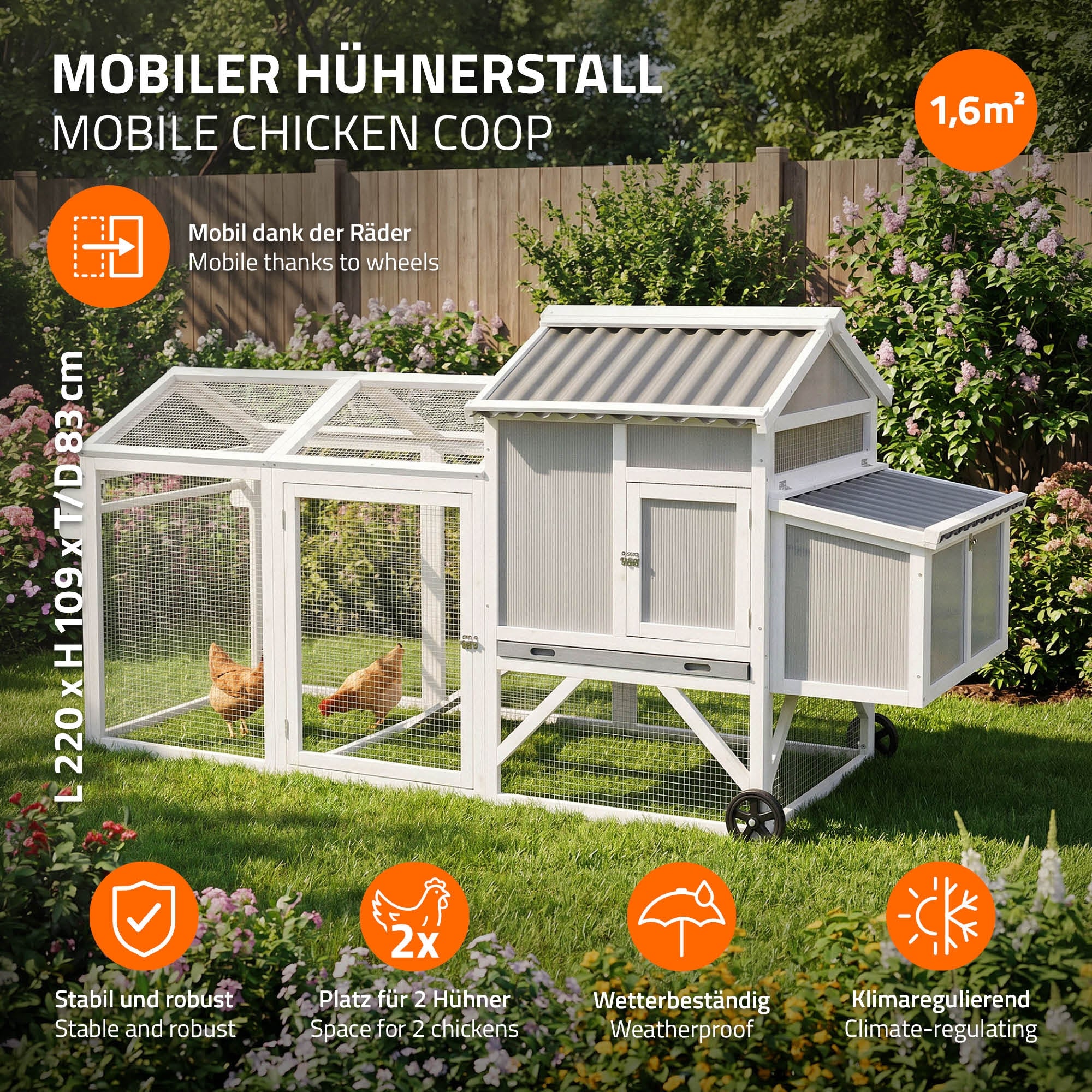 ECD Germany poulailler mobile bois XXL 83x220x109 avec enclos