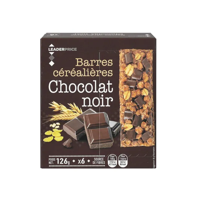 Leader Price Petit-déjeuner Barres céréalières chocolat noir x6 126g