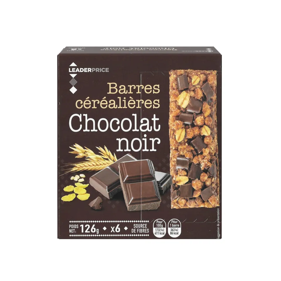 Leader Price Petit-déjeuner Barres céréalières chocolat noir x6 126g