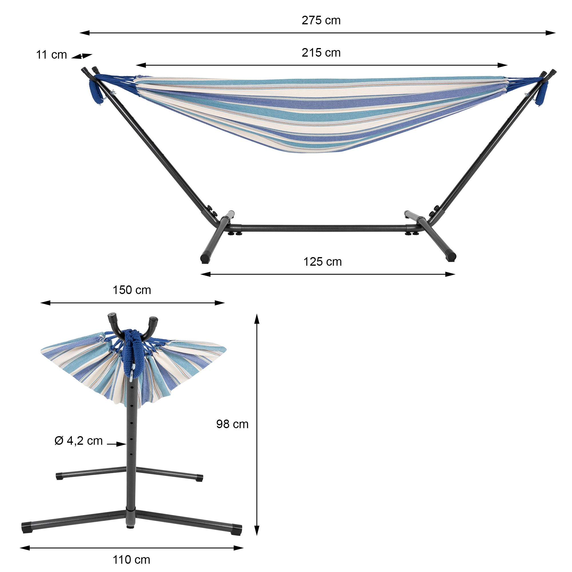 ECD Germany Sport Freizeit hamac XXL sur pied bleu blanc 275 cm