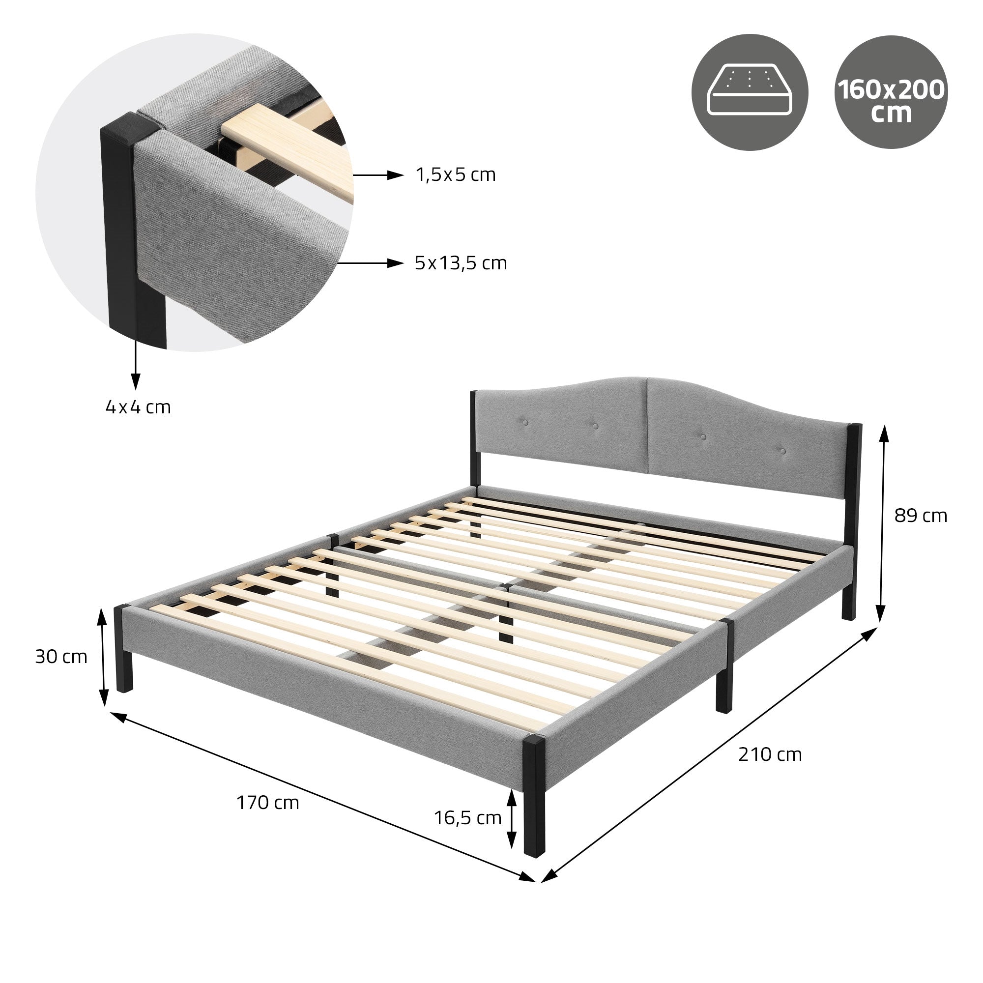 ECD Germany Möbel lit capitonné gris 160x200 avec sommier