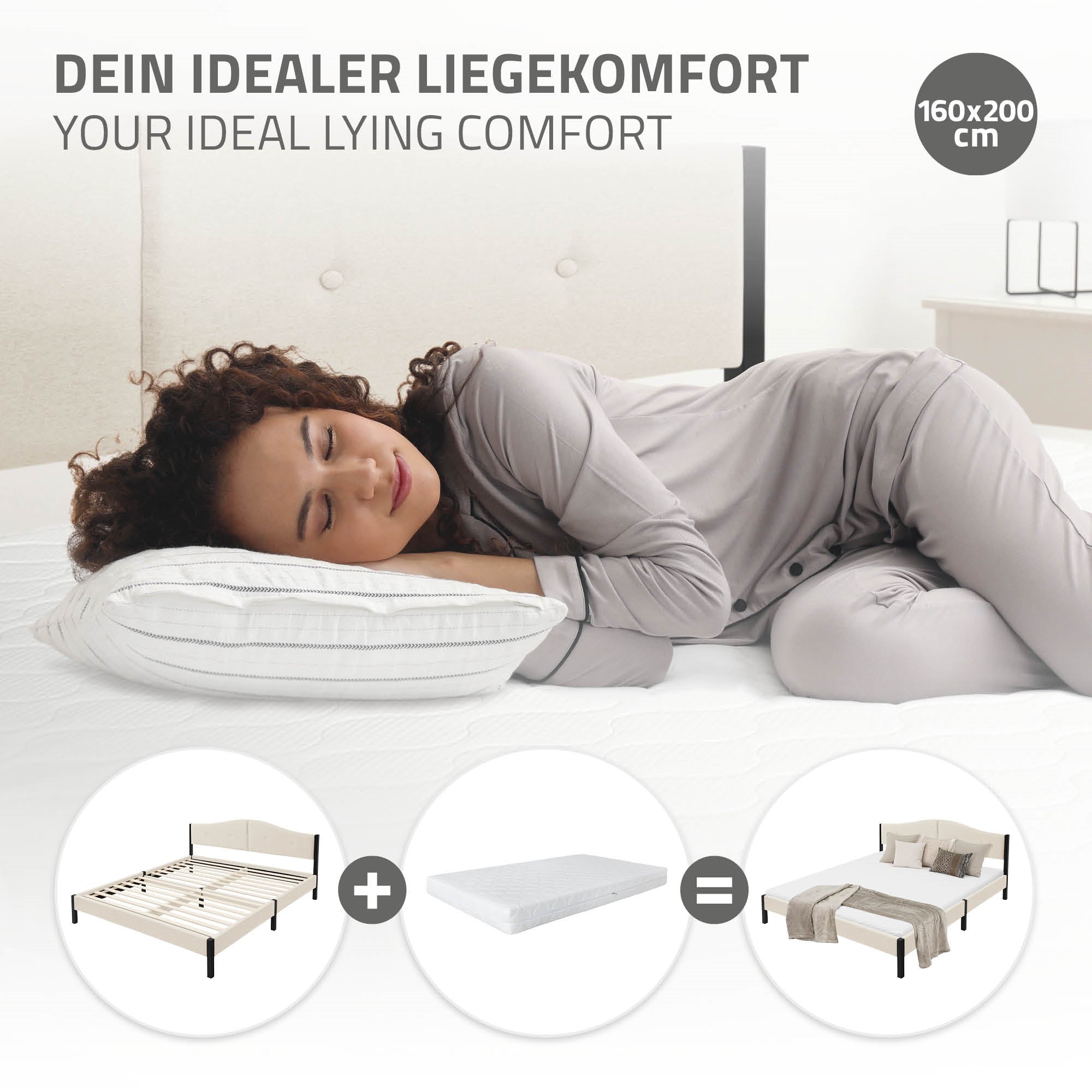 ML-Design 160x200 cm lit capitonné beige avec sommier