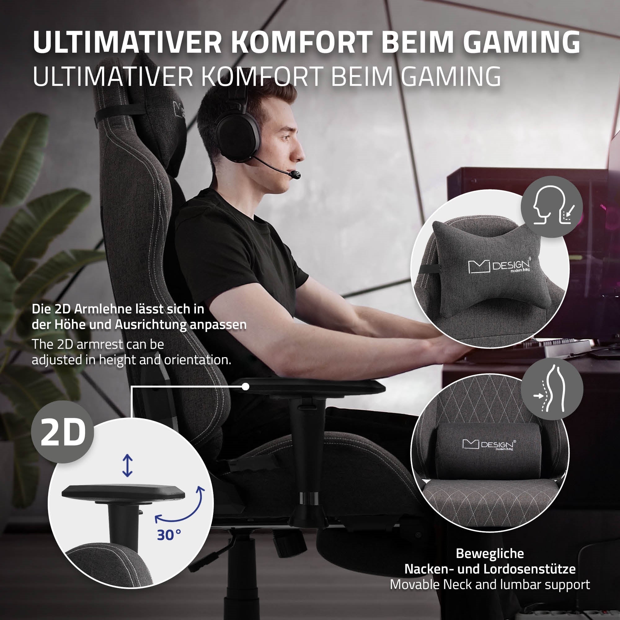 ECD Germany Möbel chaise gaming tissu gris rouge 150 kg