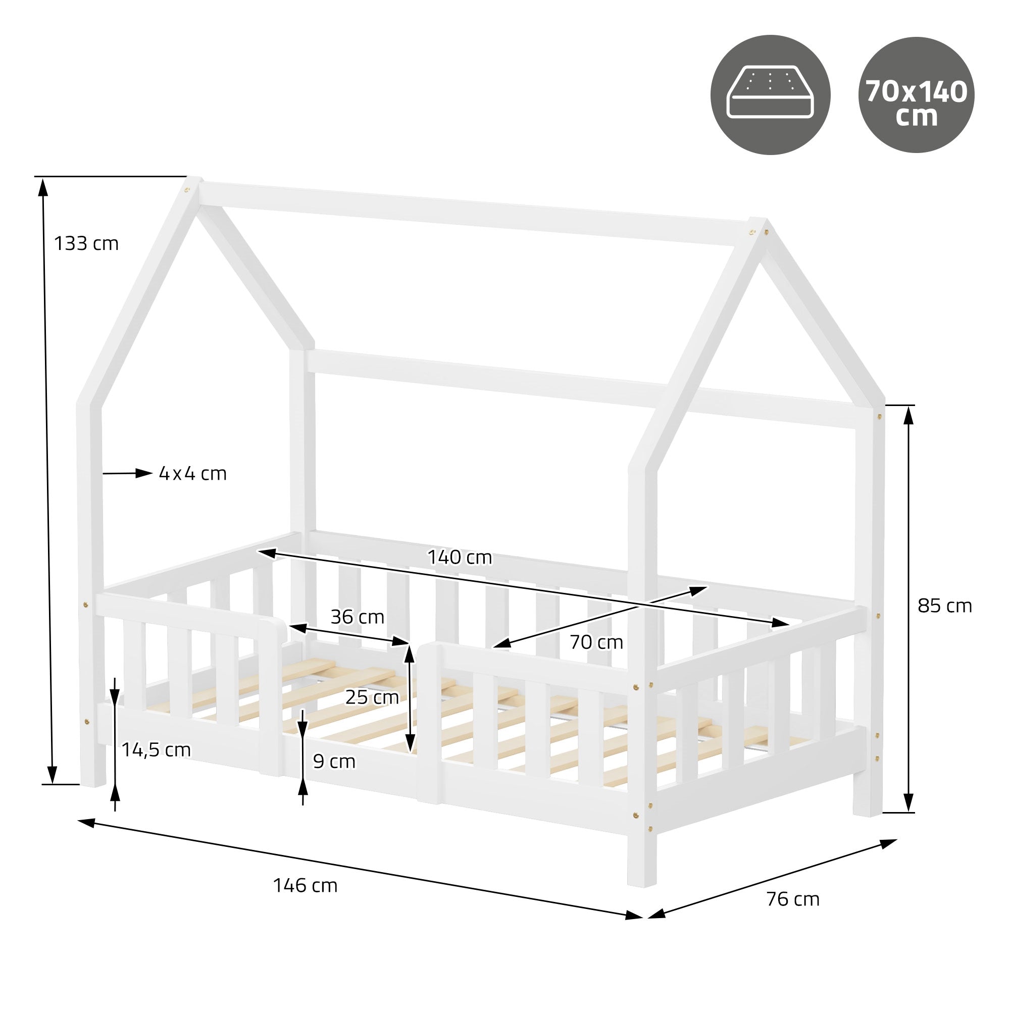 ECD Germany Kinder lit cabane 70x140 blanc avec toit