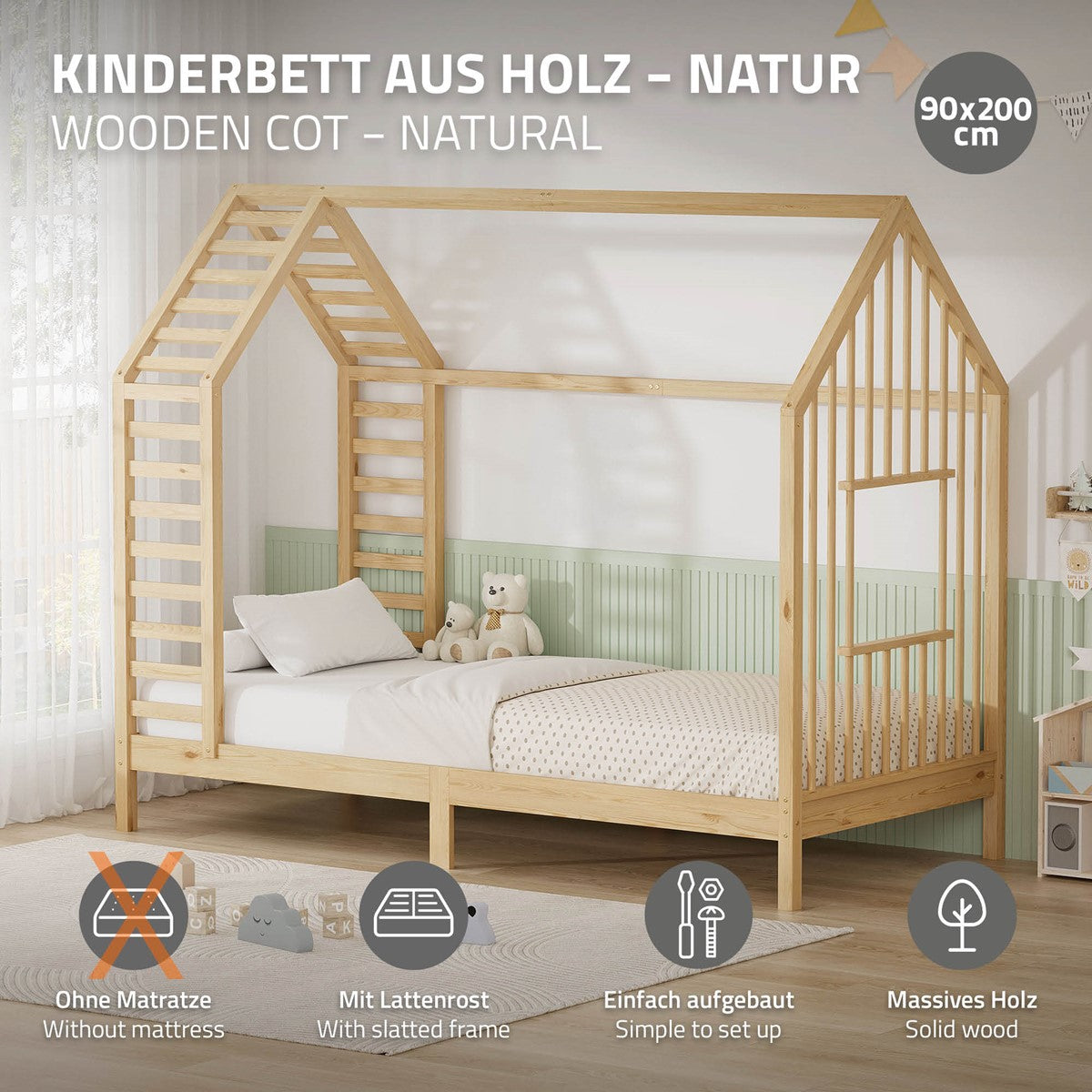 ECD Germany Kinder lit cabane 90x200 naturel pin massif