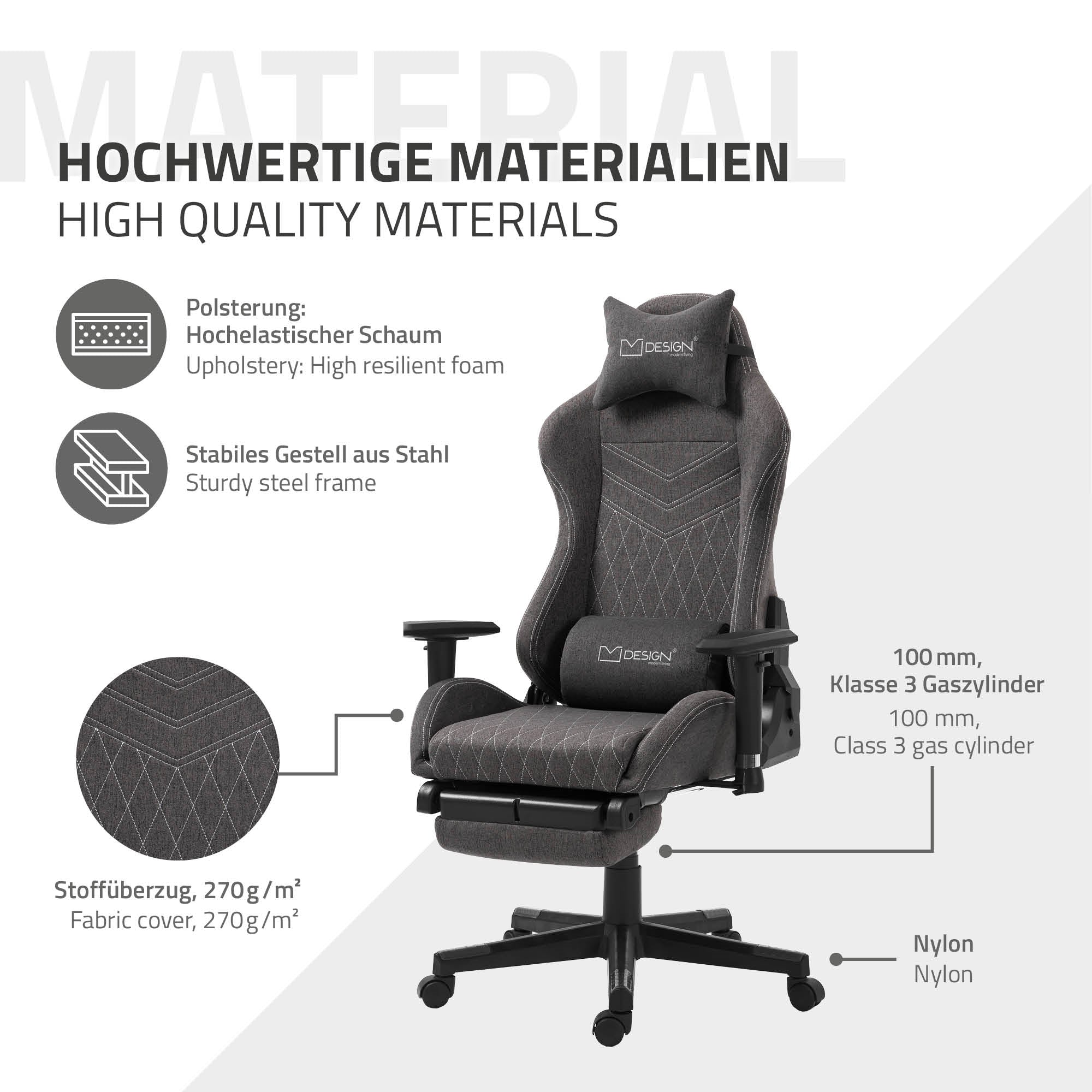 ECD Germany Möbel chaise gaming tissu gris rouge 150 kg