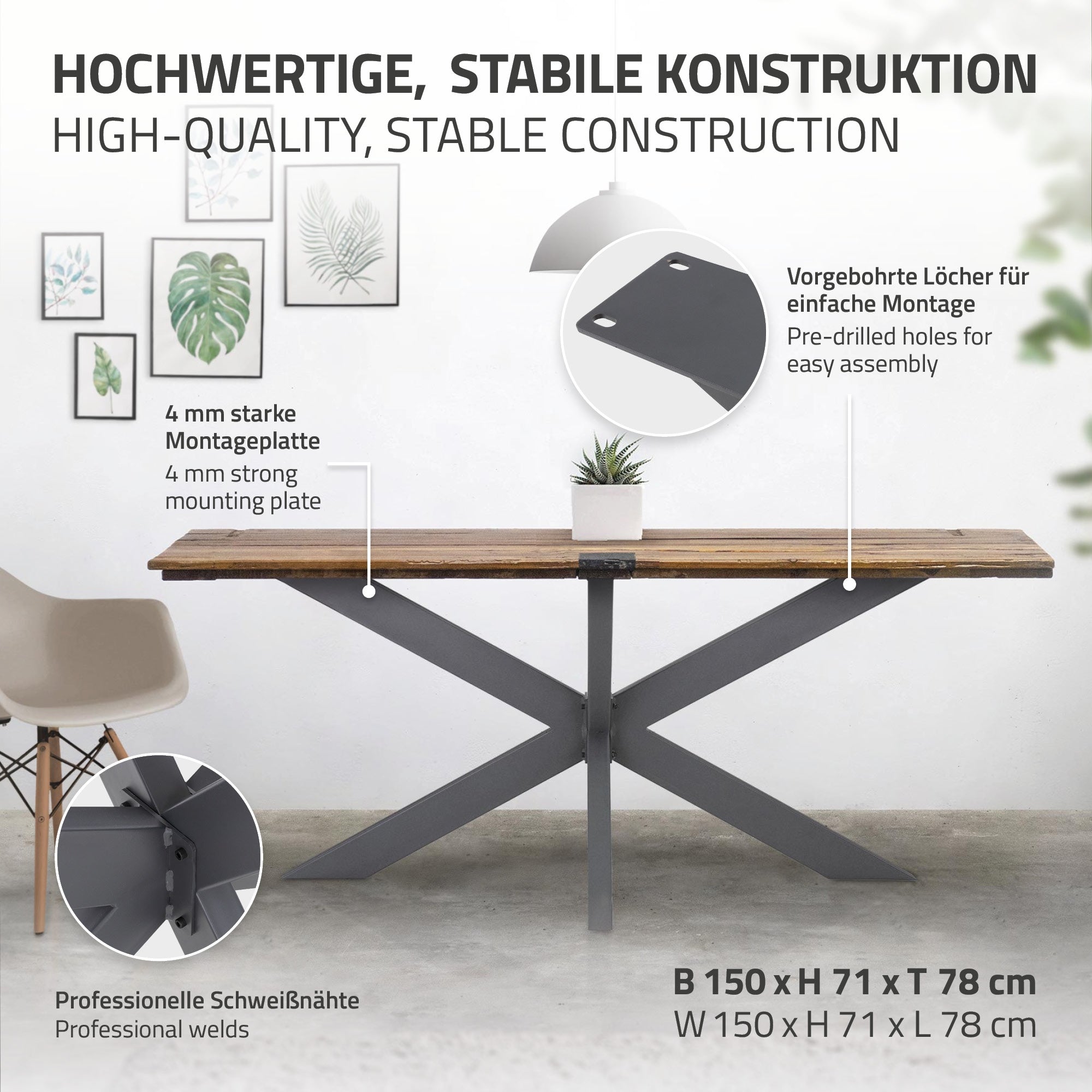 ECD Germany Möbel Pieds Table X-Design Anthracite Métal 200 kg