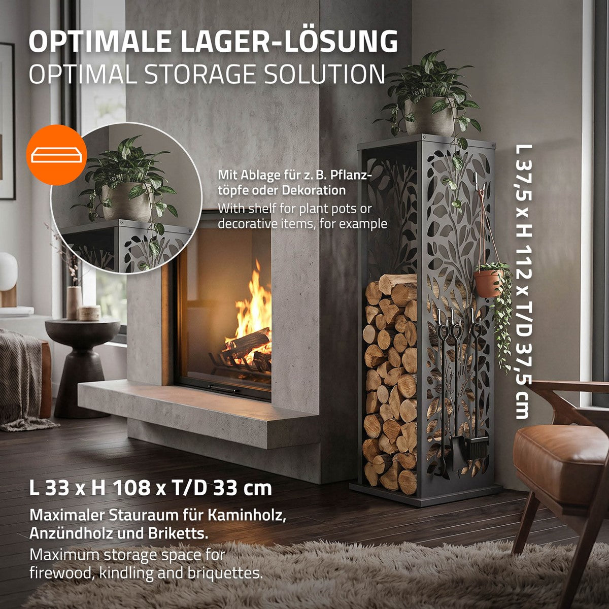 ECD Germany range-bûches colonne feuilles anthracite acier