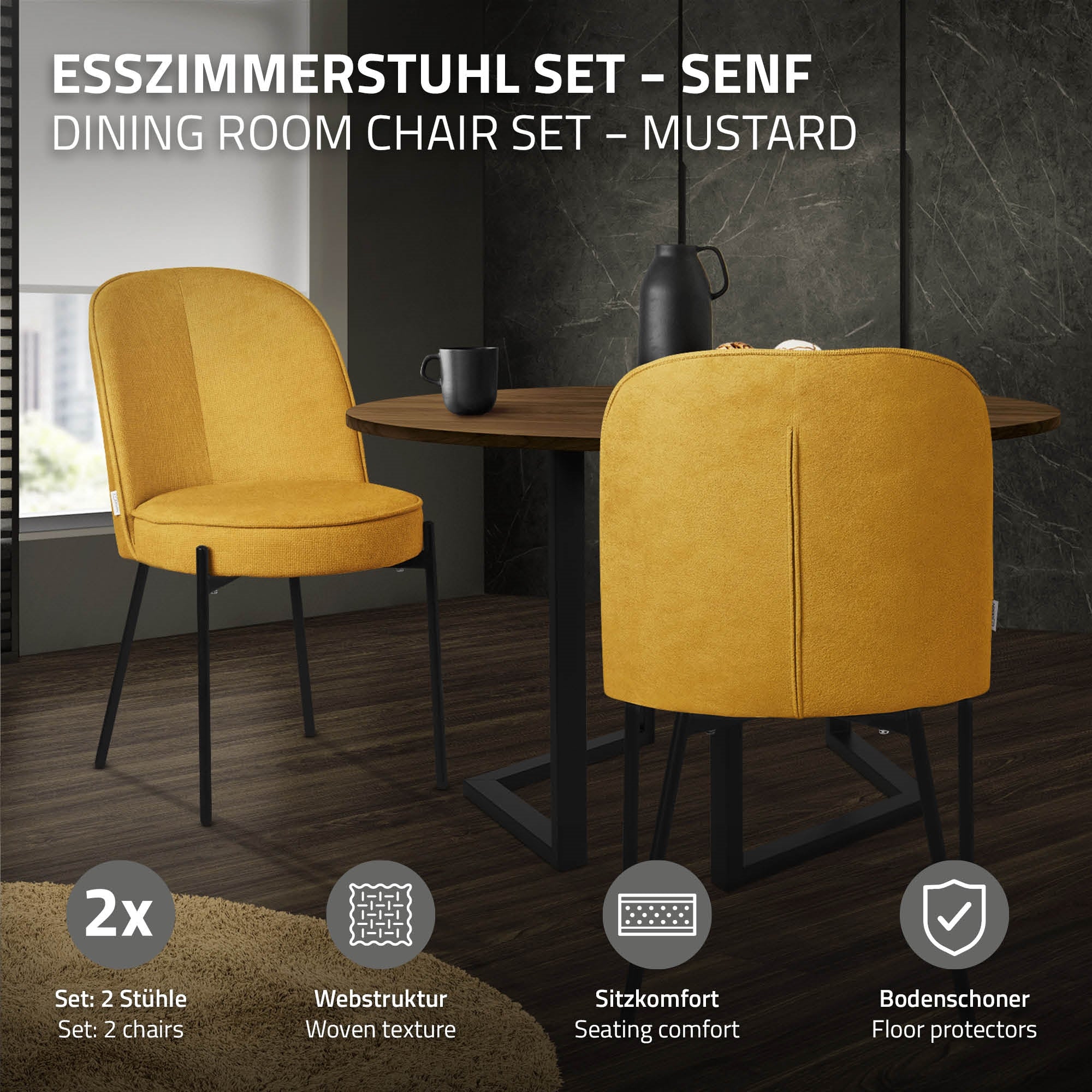 ECD Germany Möbel chaises salle à manger moutarde lot de 2 tissu