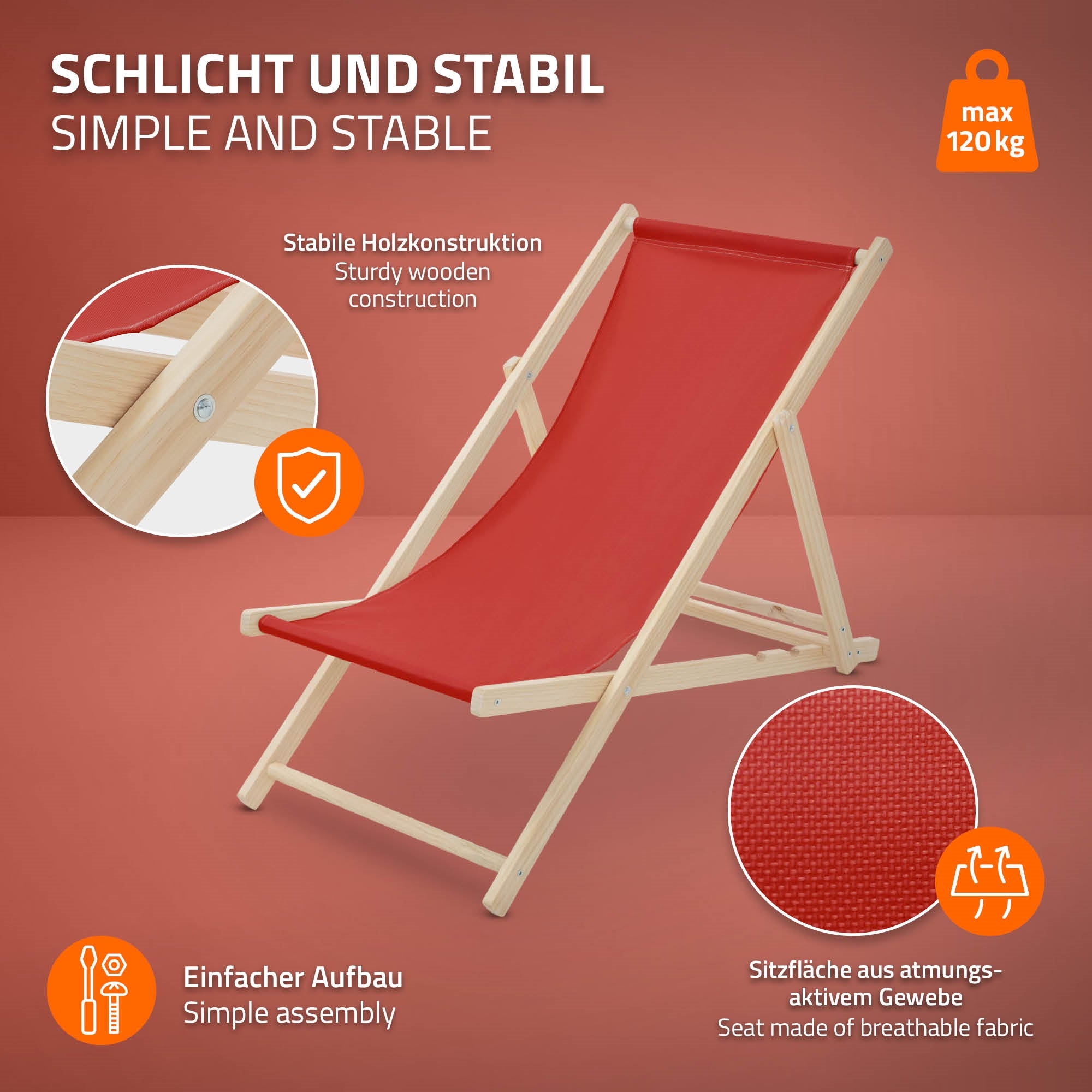 ECD Germany transat jardin bois rouge pliable 3 positions