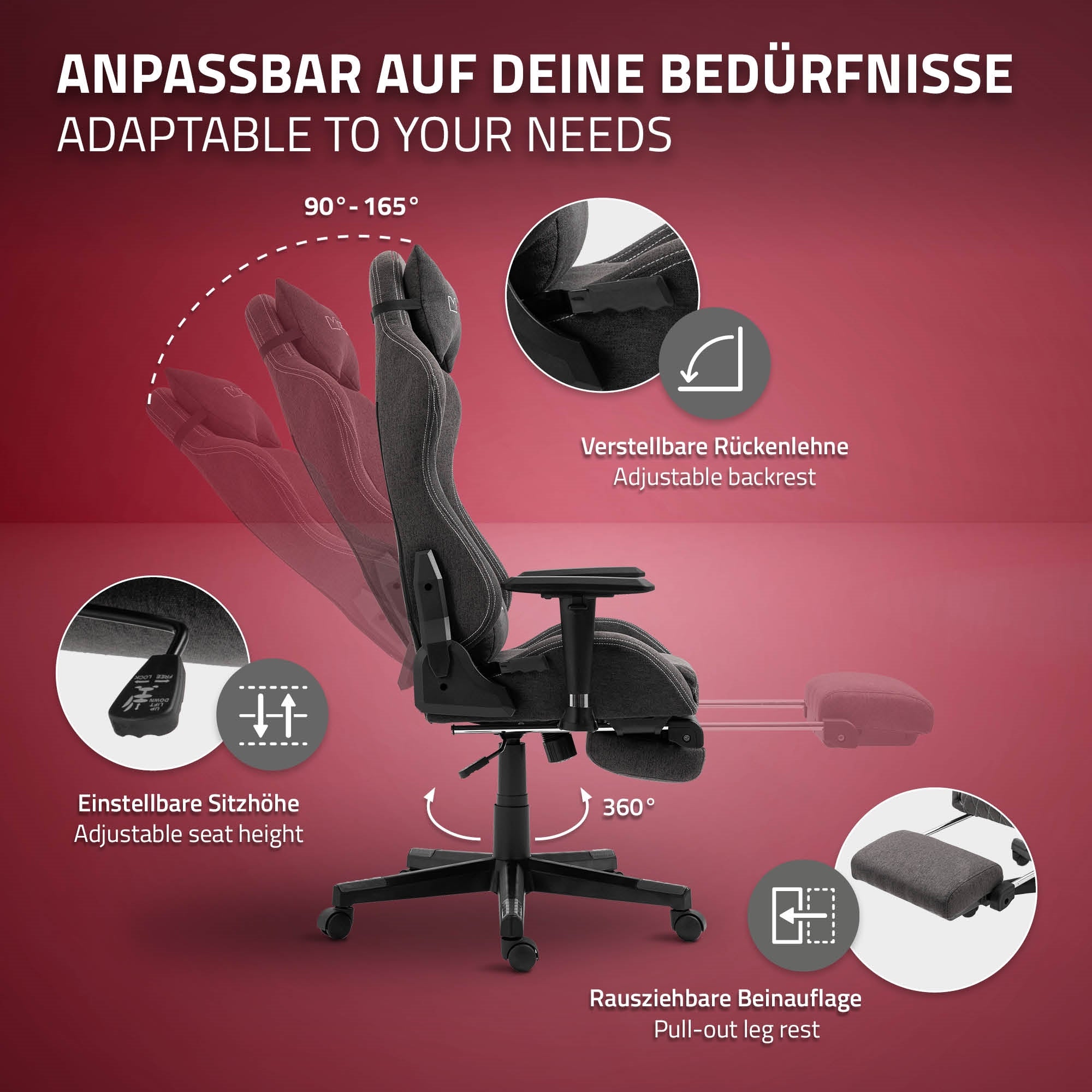 ECD Germany ML-Design chaise gaming tissu gris blanc 150 kg