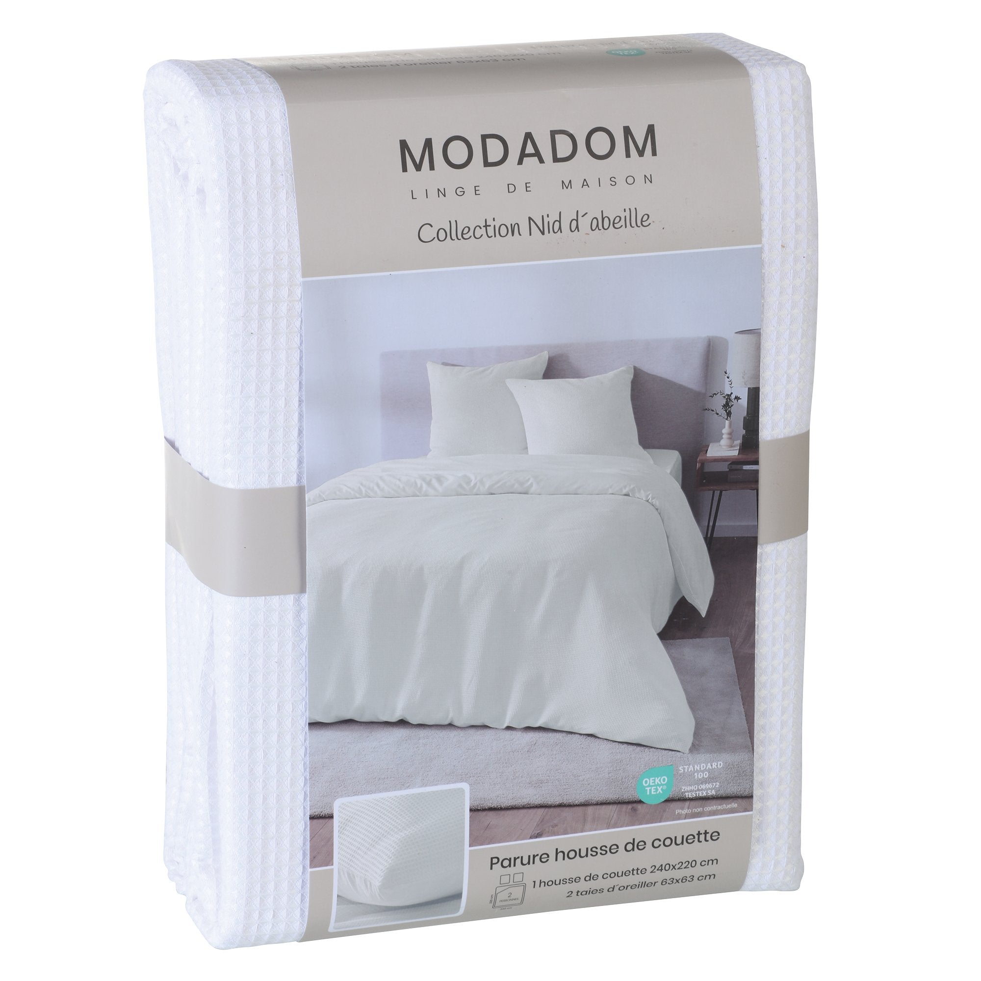 Stokomani Nid d'abeille 240x220 parure housse couette blanc