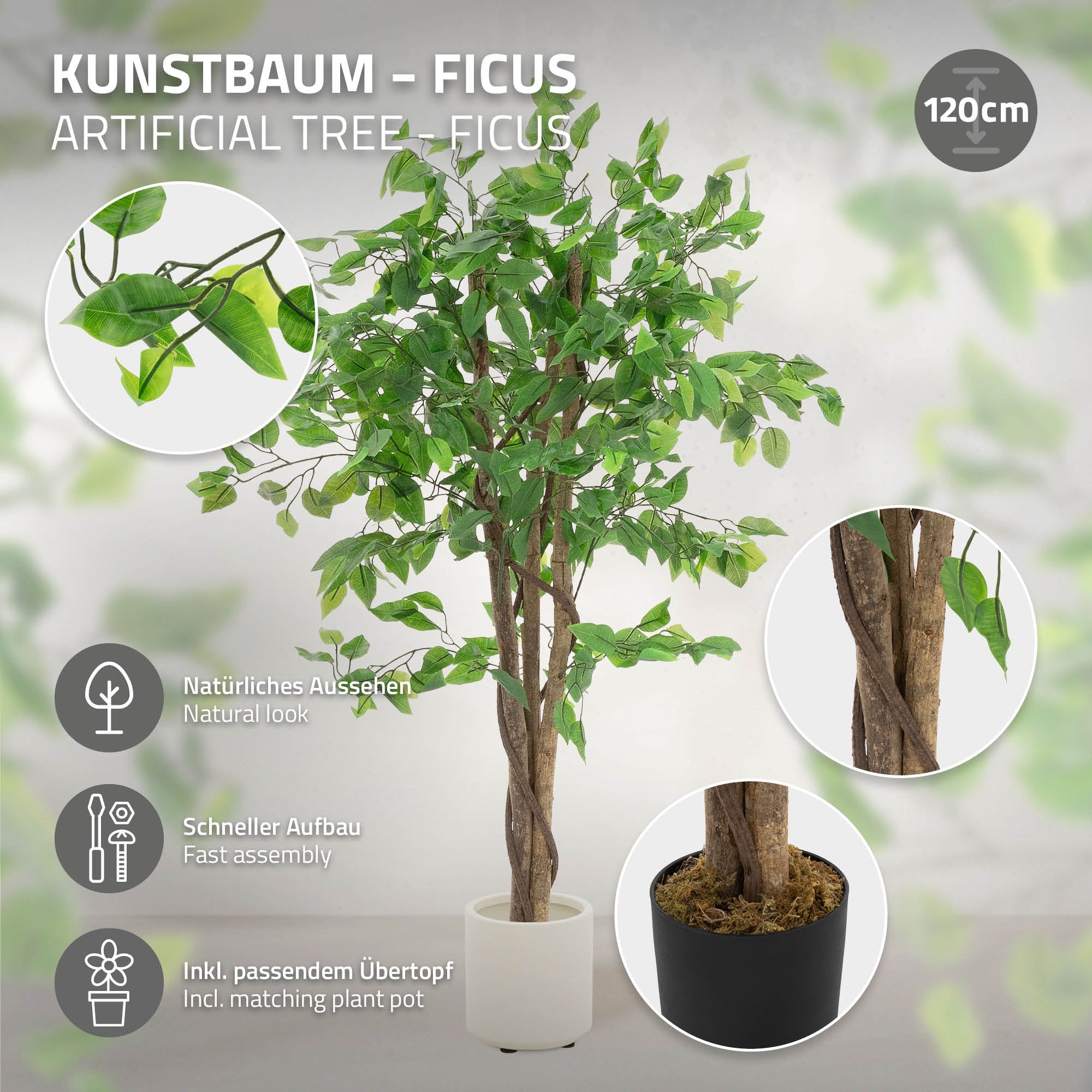 ML-Design Ficus artificiel 120 cm pot feuillage dense