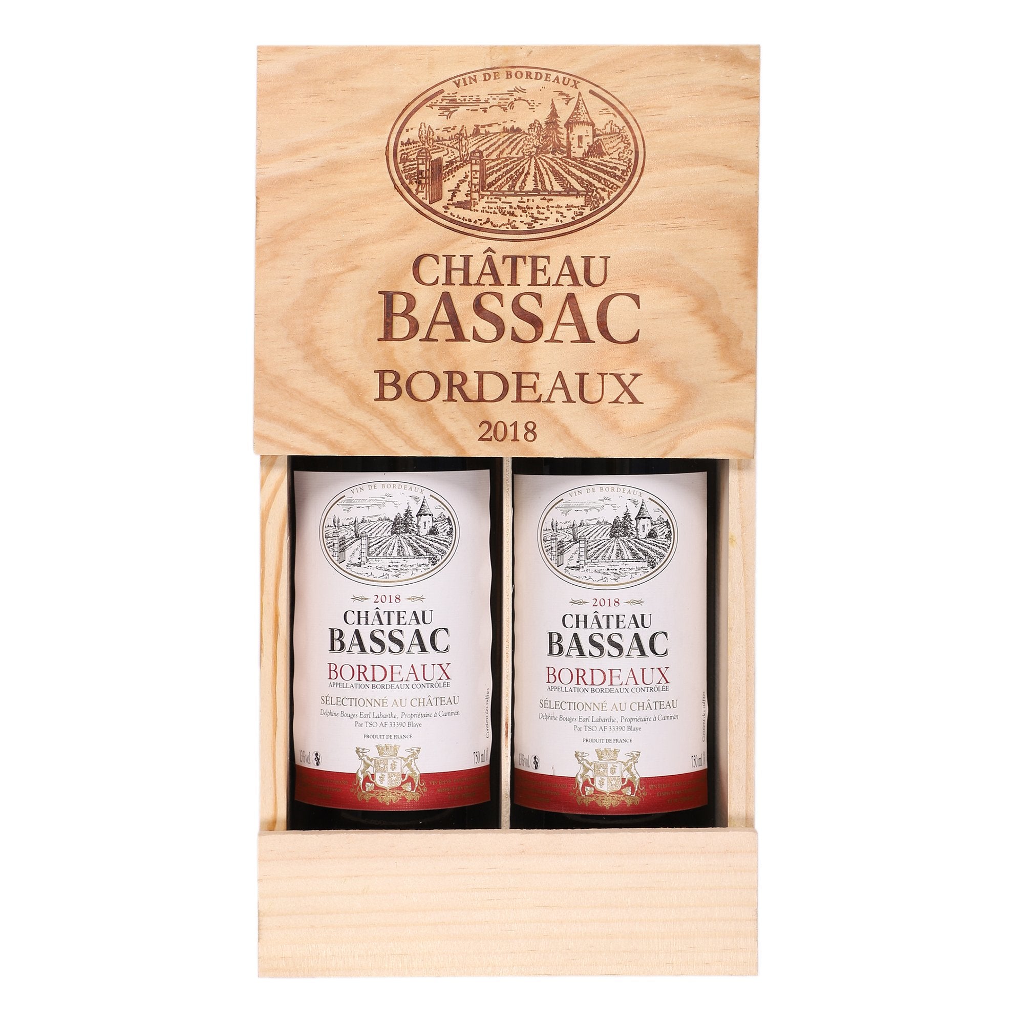 Château Bassac Bordeaux coffret bois 2 bouteilles rouge