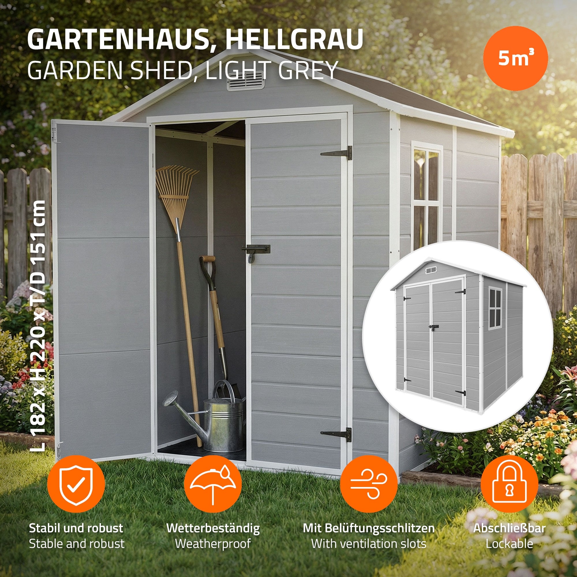 ECD Germany abri jardin plastique gris clair 151x182x220 cm 5m³