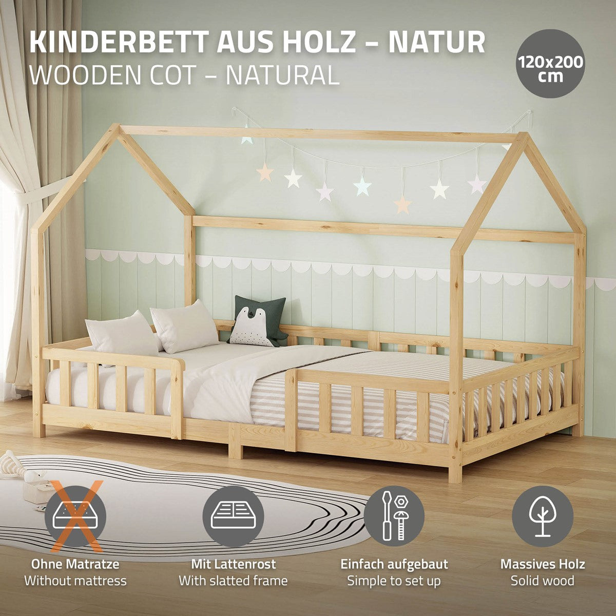 ECD Germany Kinder lit cabane 120x200 pin naturel avec sommier