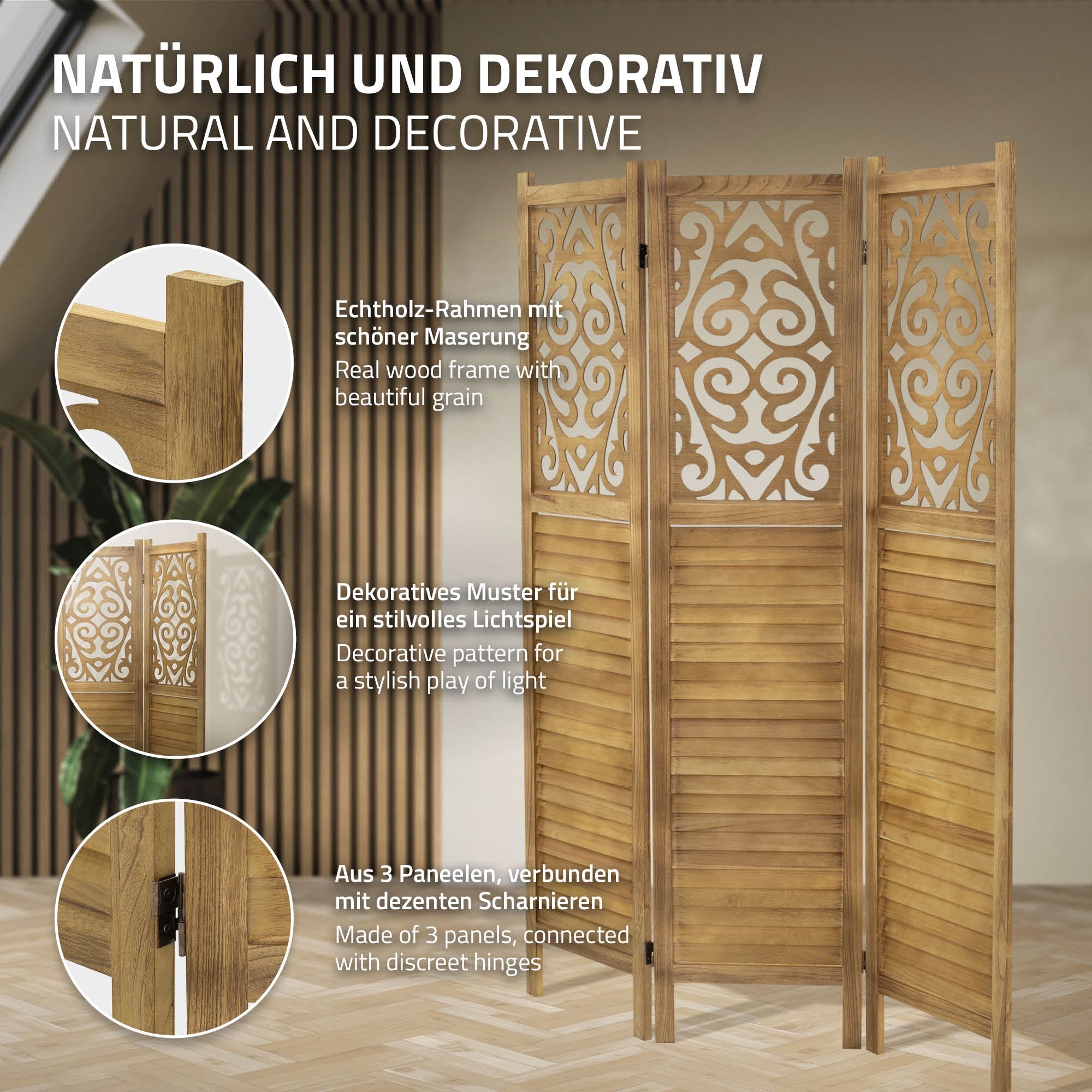 ECD Germany Möbel Tokio paravent bois brun 170x121 cm
