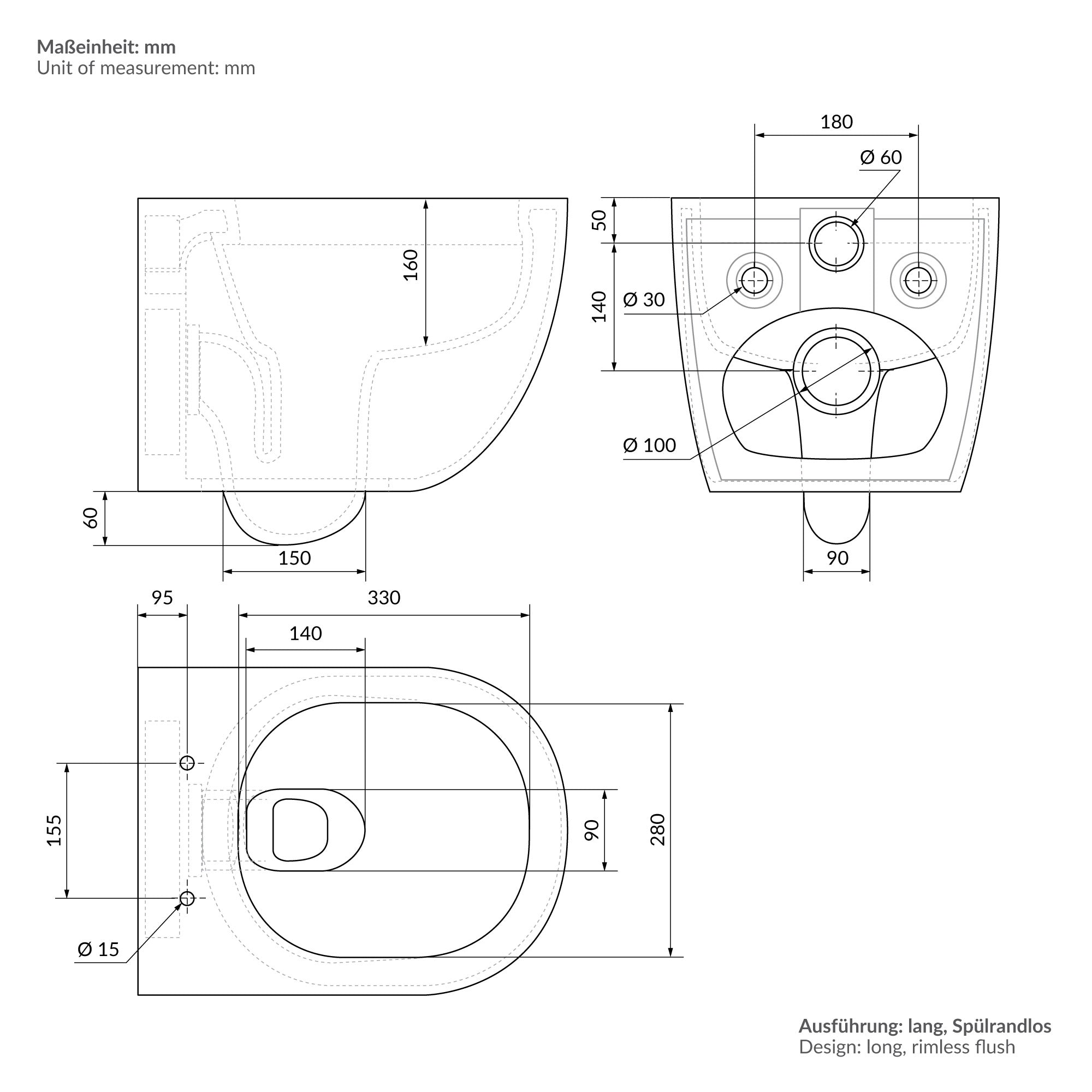 ECD Germany Sanitär LuxeBath WC suspendu blanc mat 54 cm sans bride