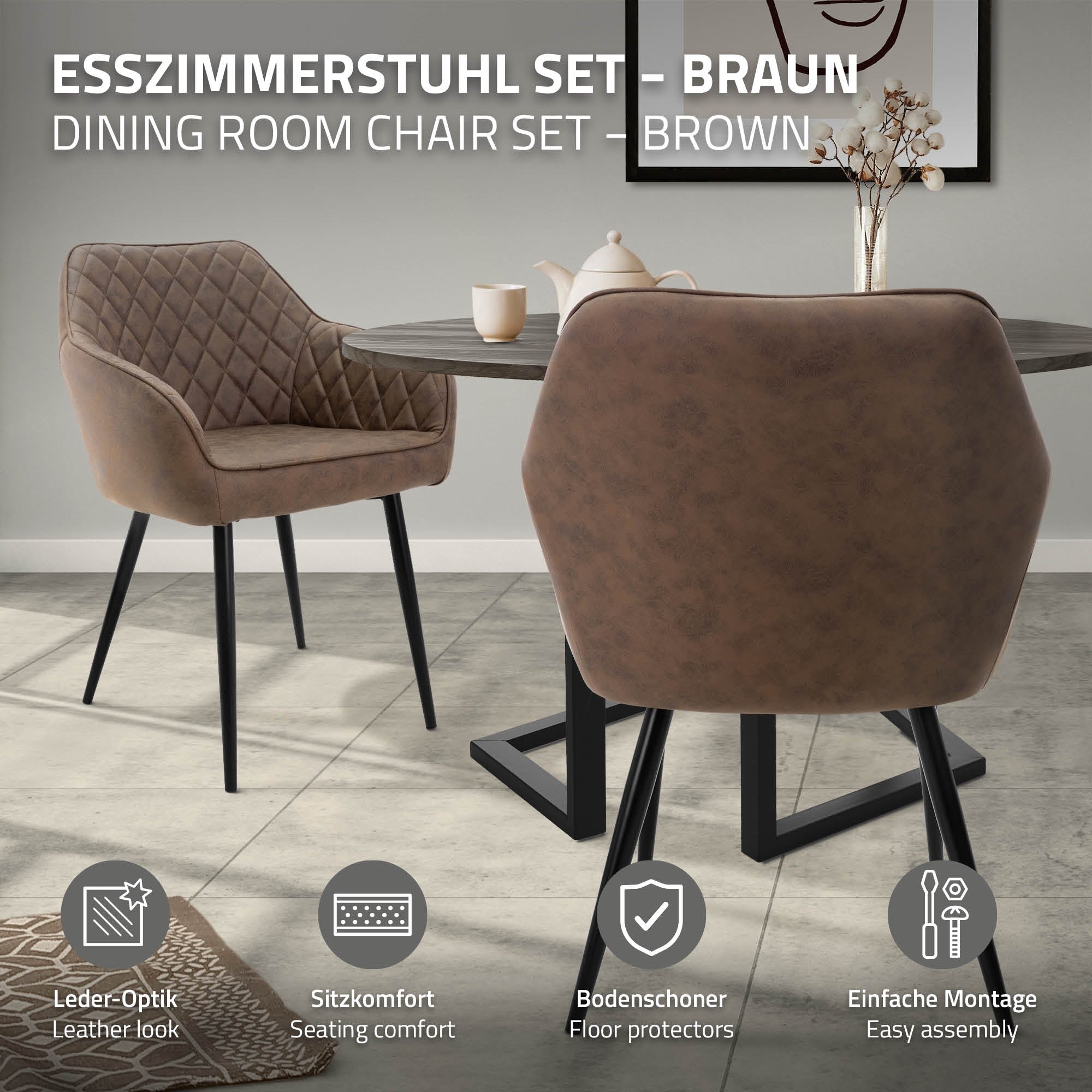 ECD Germany Möbel chaise salle à manger marron similicuir lot de 4