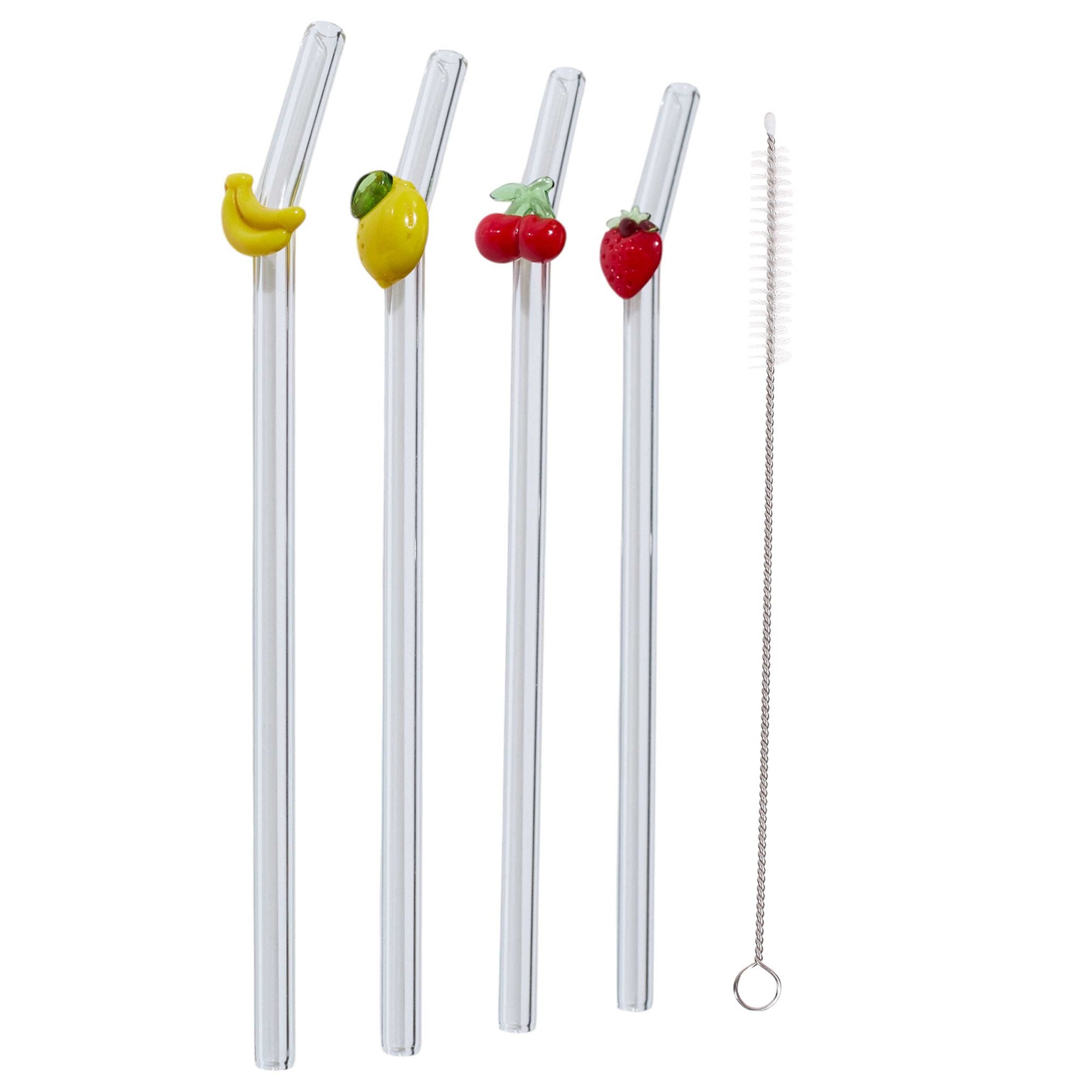 Stokomani Maison 4 pailles verre fruits réutilisables + goupillon