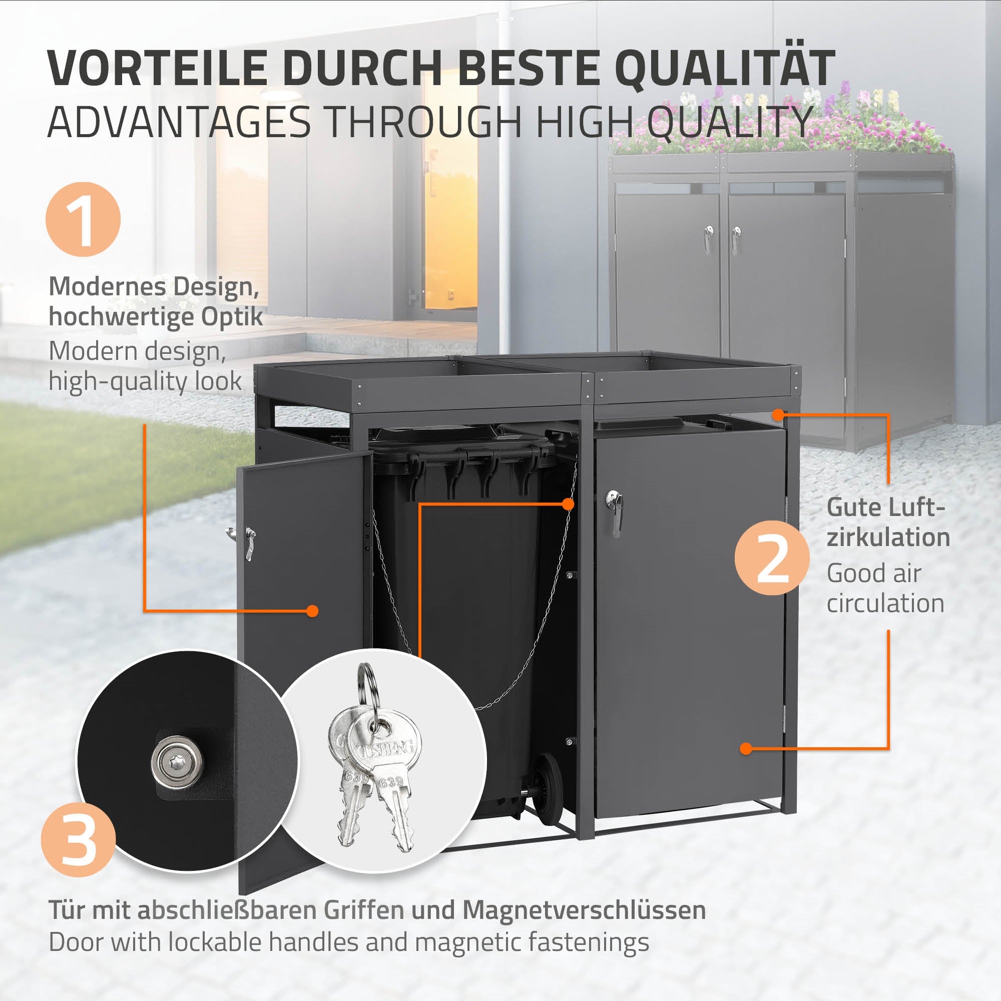 ECD Germany cache-poubelle acier anthracite 2x240L 132x80x124