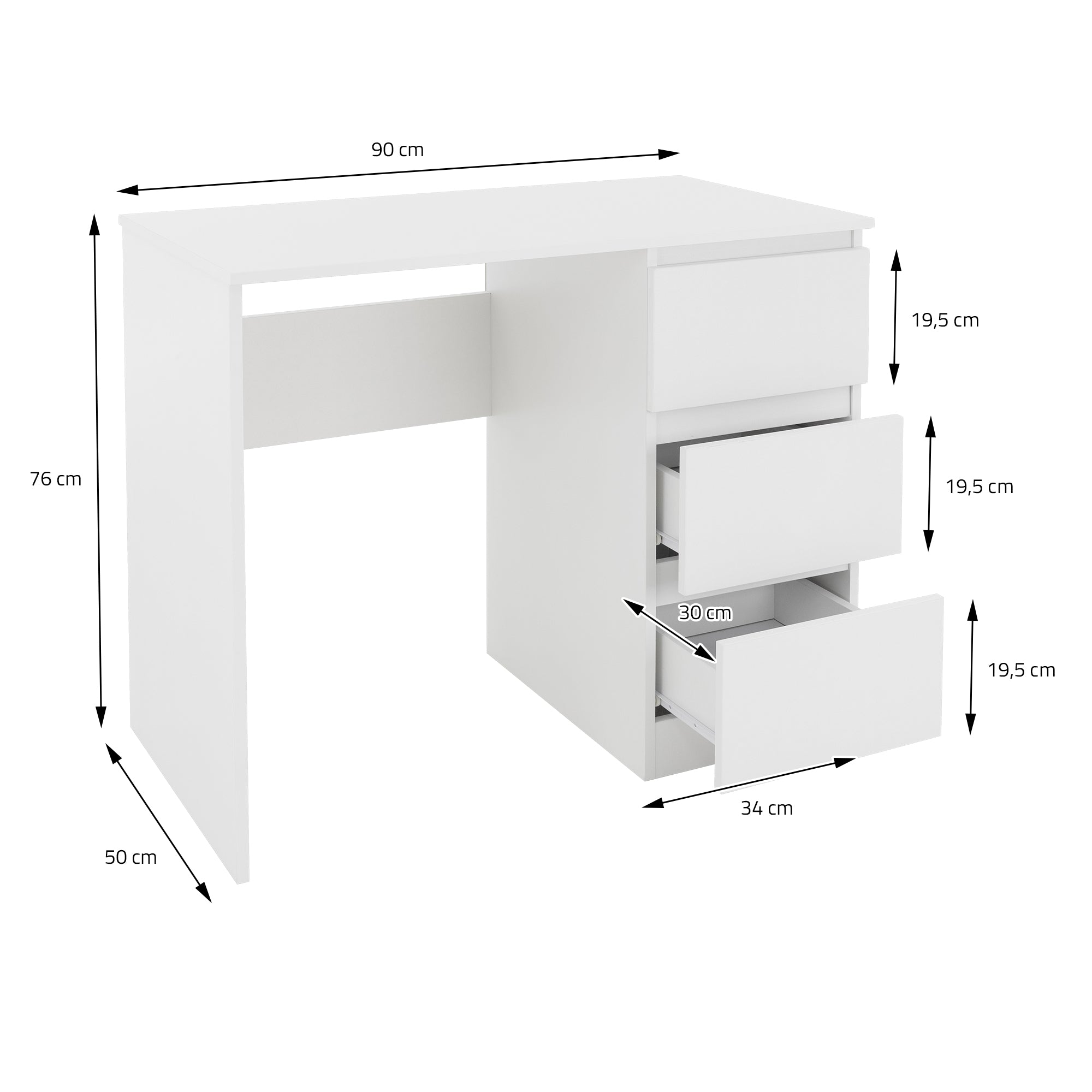 ECD Germany Möbel 90x76x50 bureau blanc mat 3 tiroirs bois