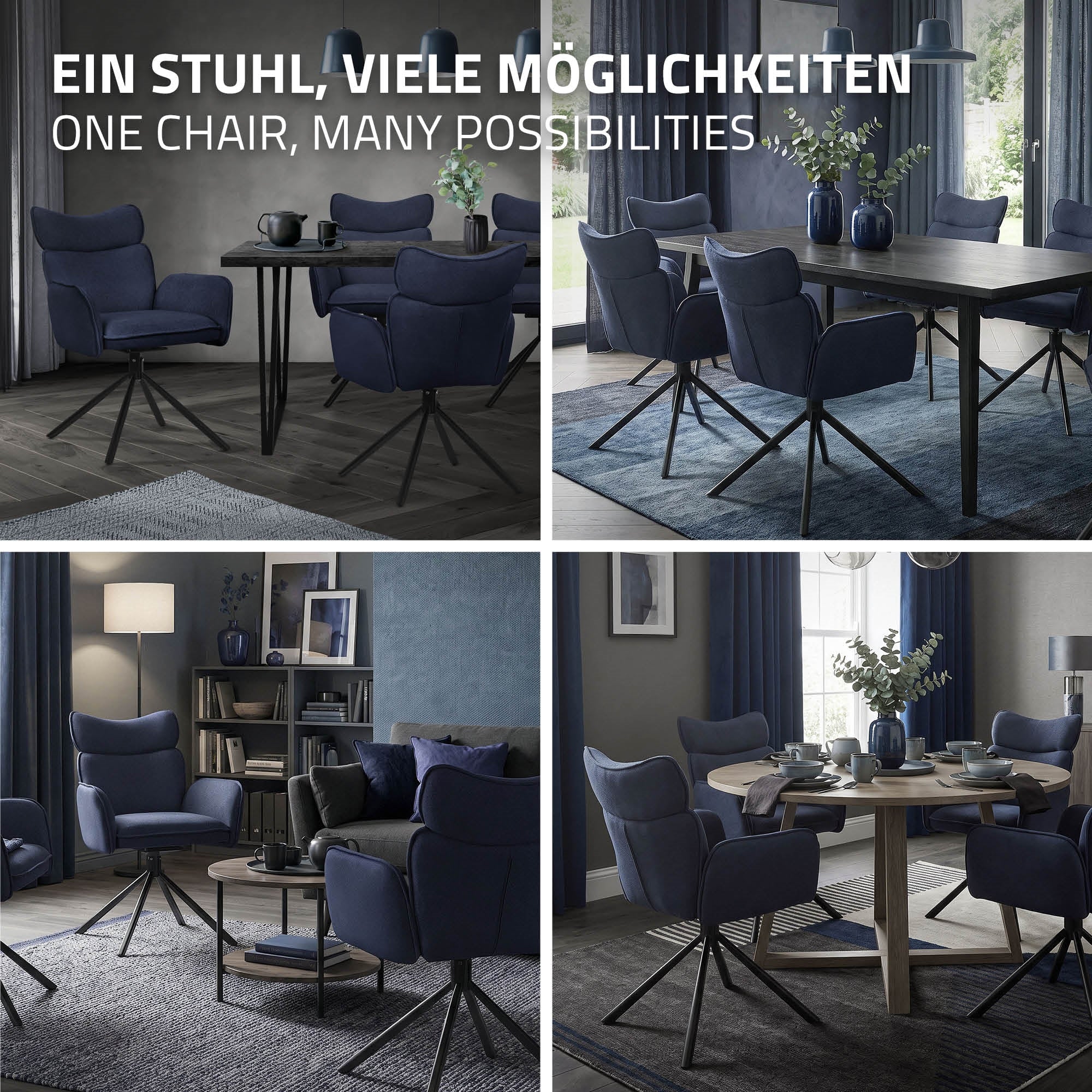 ECD Germany Möbel lot 6 chaises pivotantes bleu foncé tissu