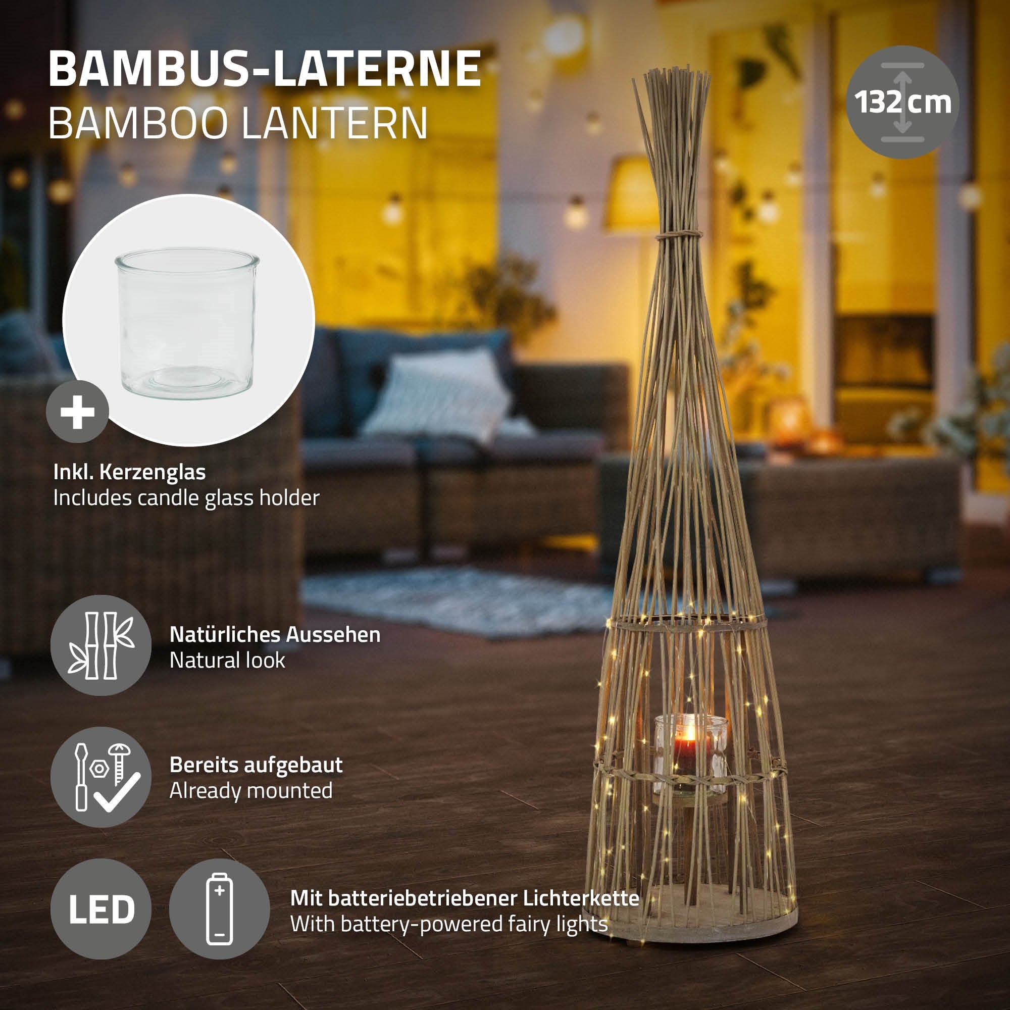 ECD Germany Garten lanterne bambou 132 cm avec verre et guirlande LED