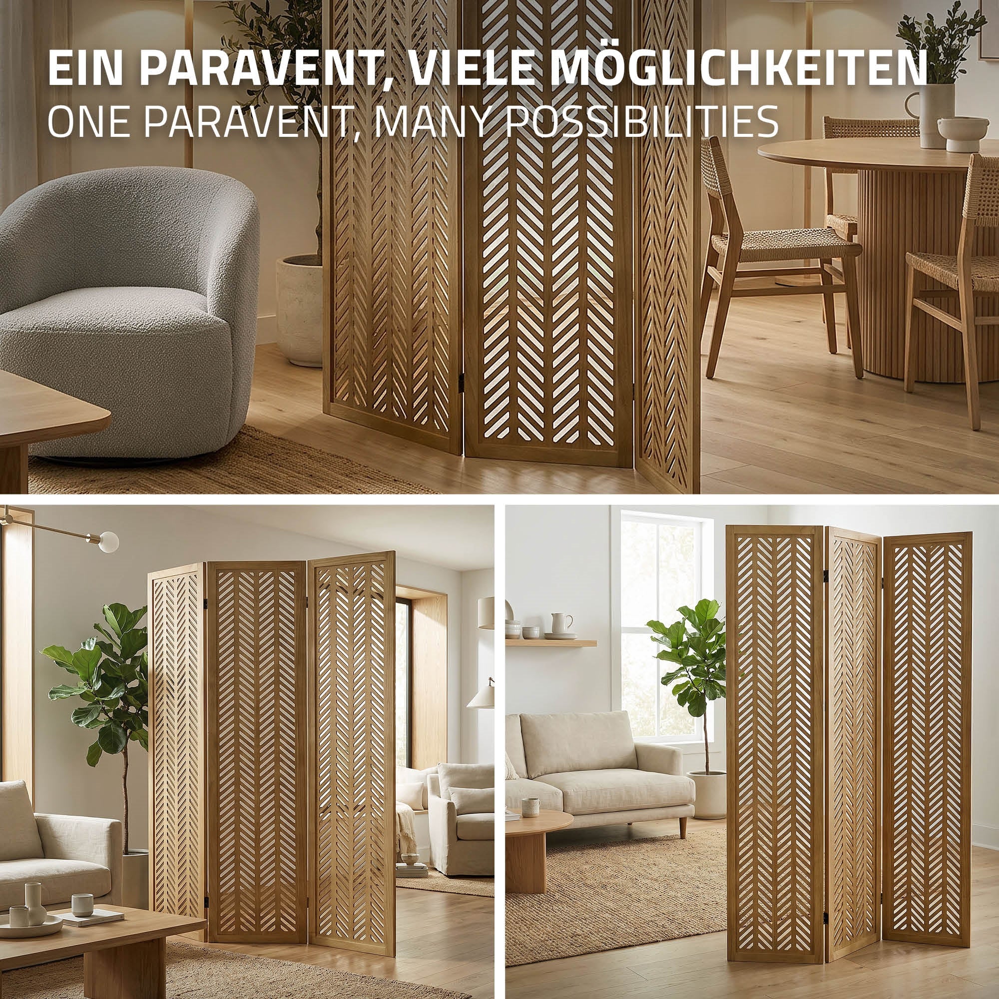 ECD Germany Kobe paravent bois 3 panneaux marron 170x121 cm
