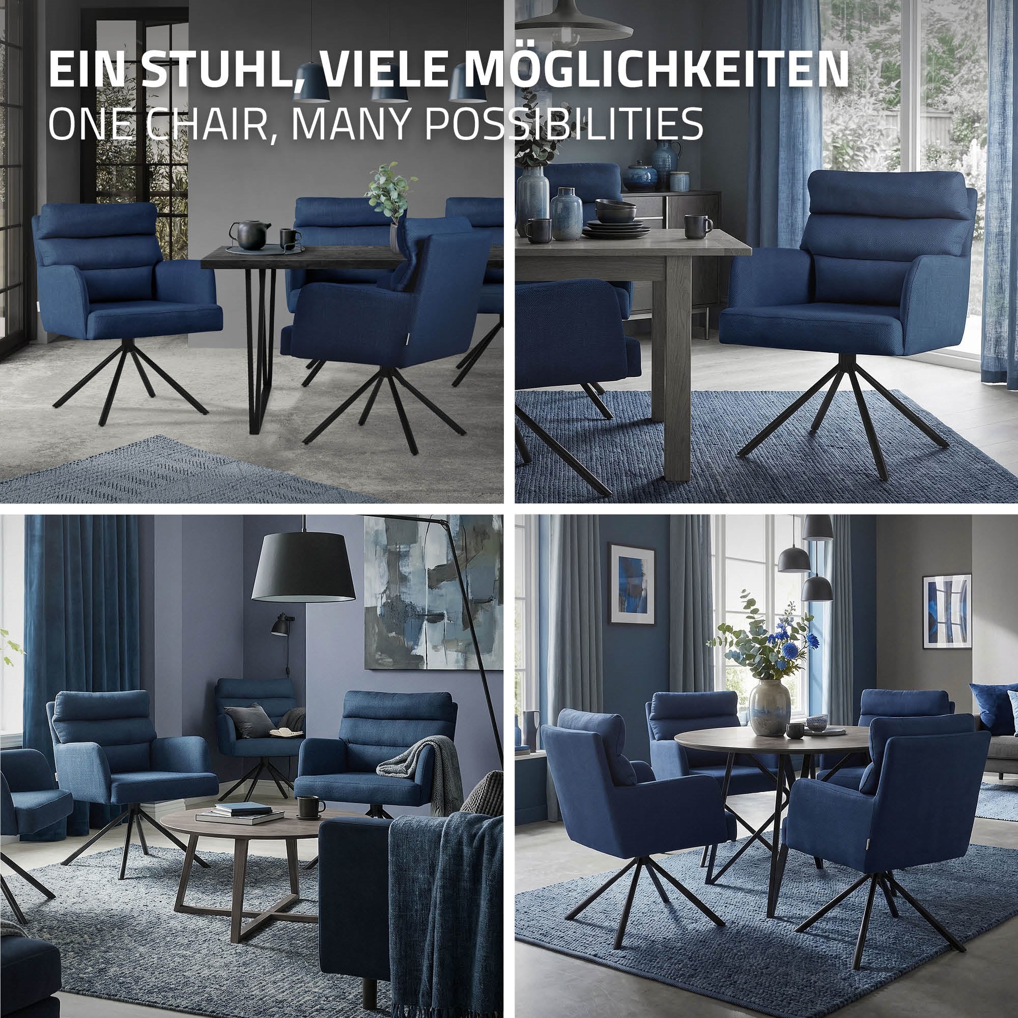 ECD Germany chaise salle à manger bleu foncé pivotante tissu