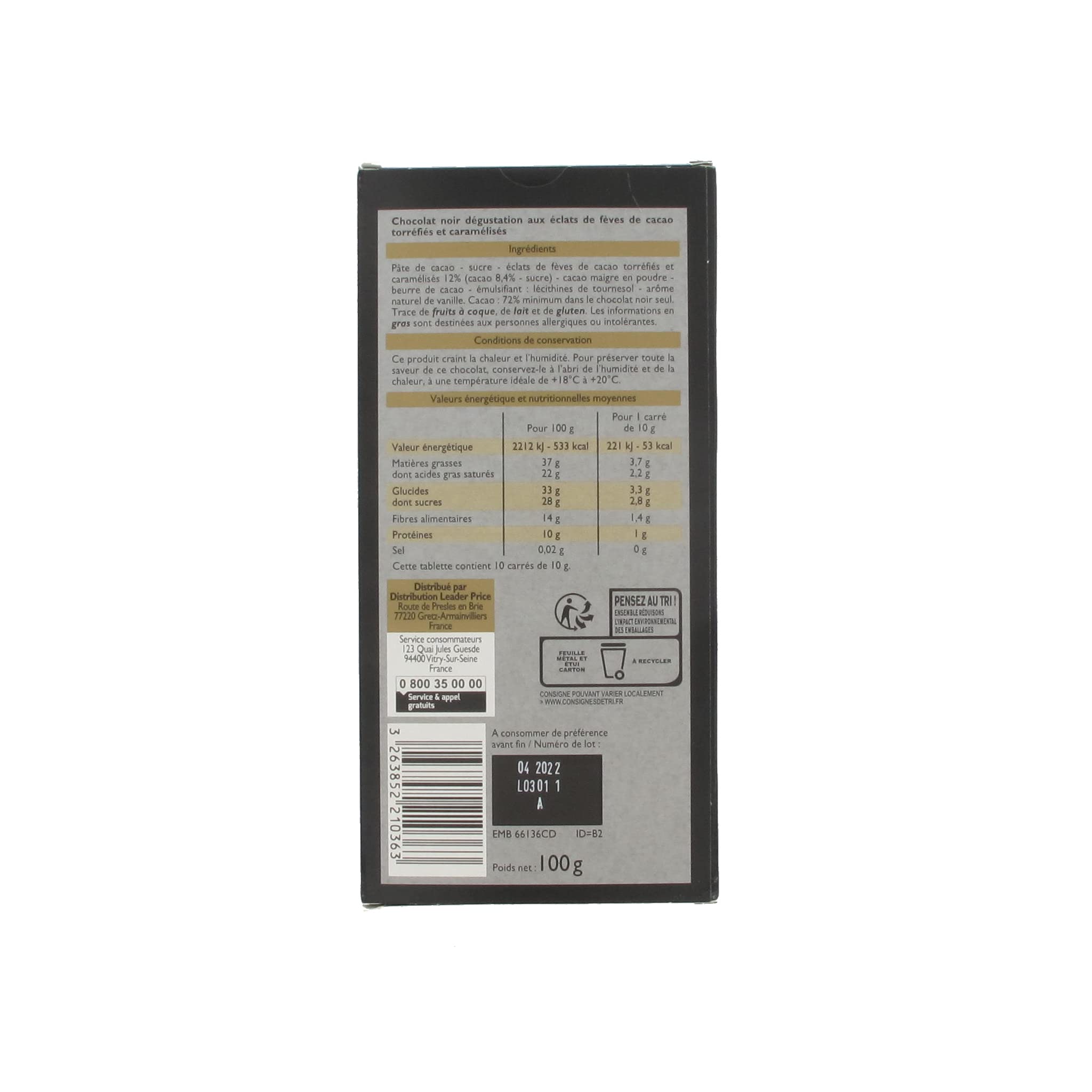 Leader Price chocolat noir dégustation tablette 100g fèves