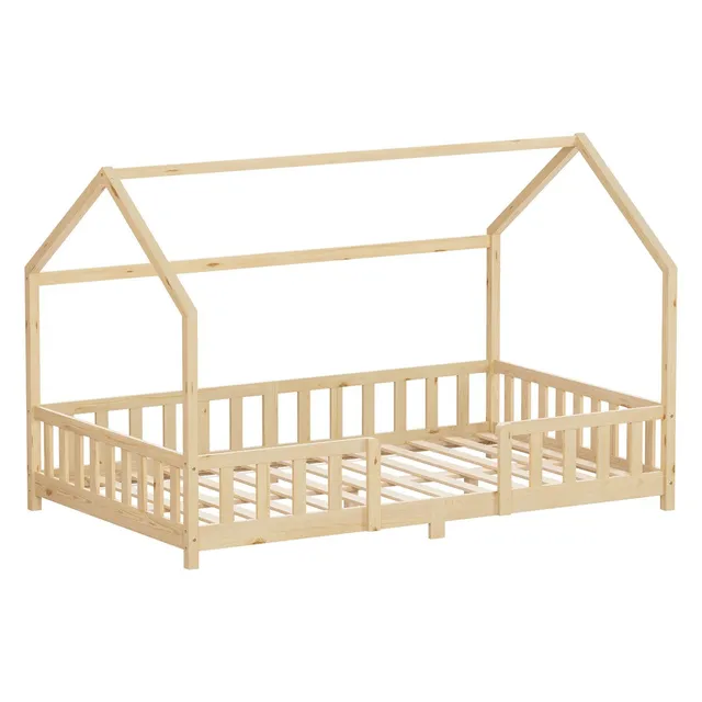 ECD Germany Kinder lit cabane 120x200 pin naturel avec sommier