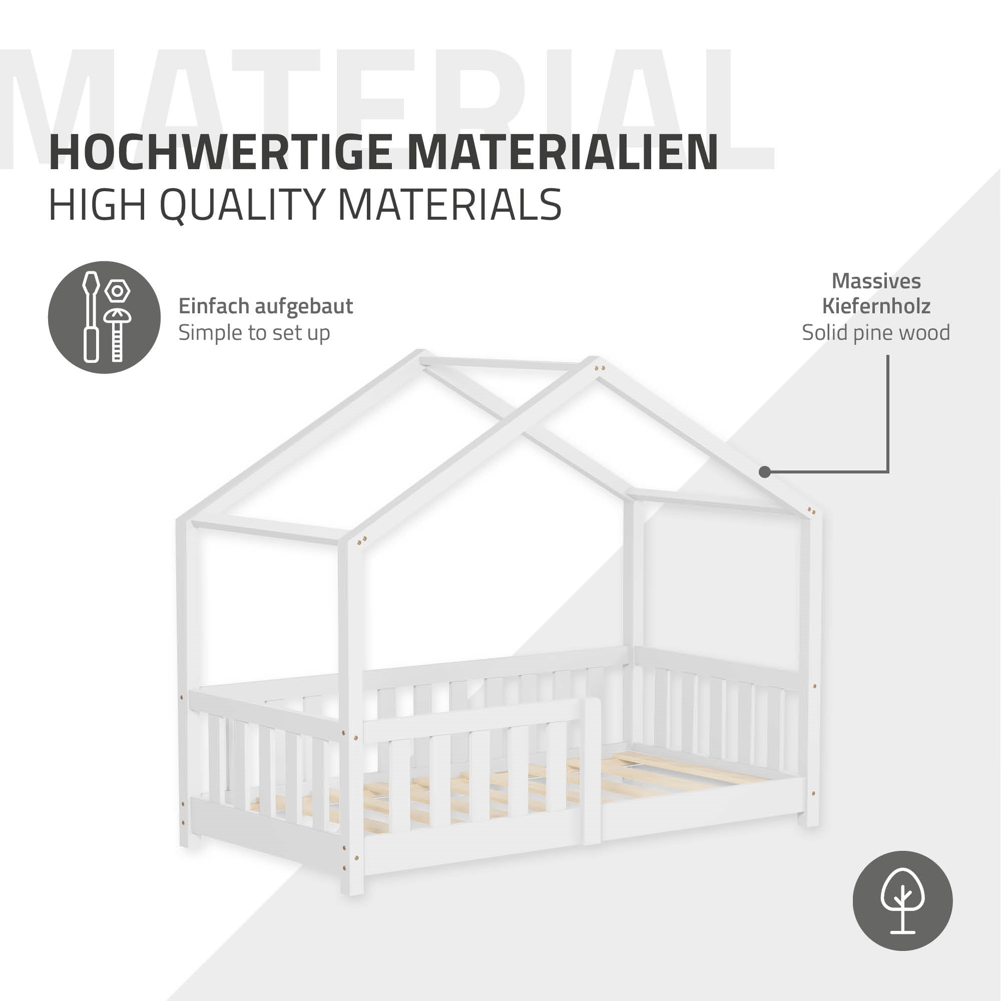 ECD Germany Kinder Lit cabane 70x140 blanc pin matelas 10 cm inclus