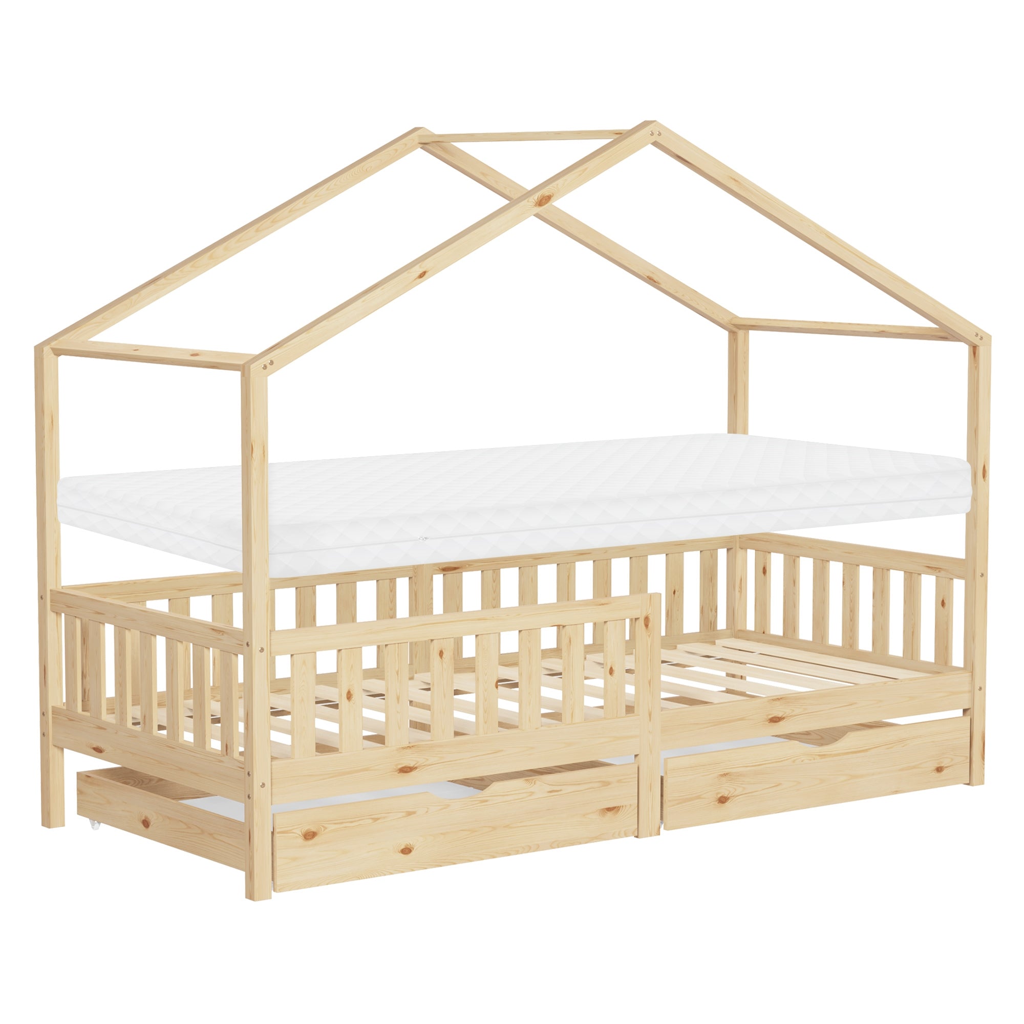 ECD Germany Kinder Lit cabane 90x200 naturel avec matelas et tiroirs