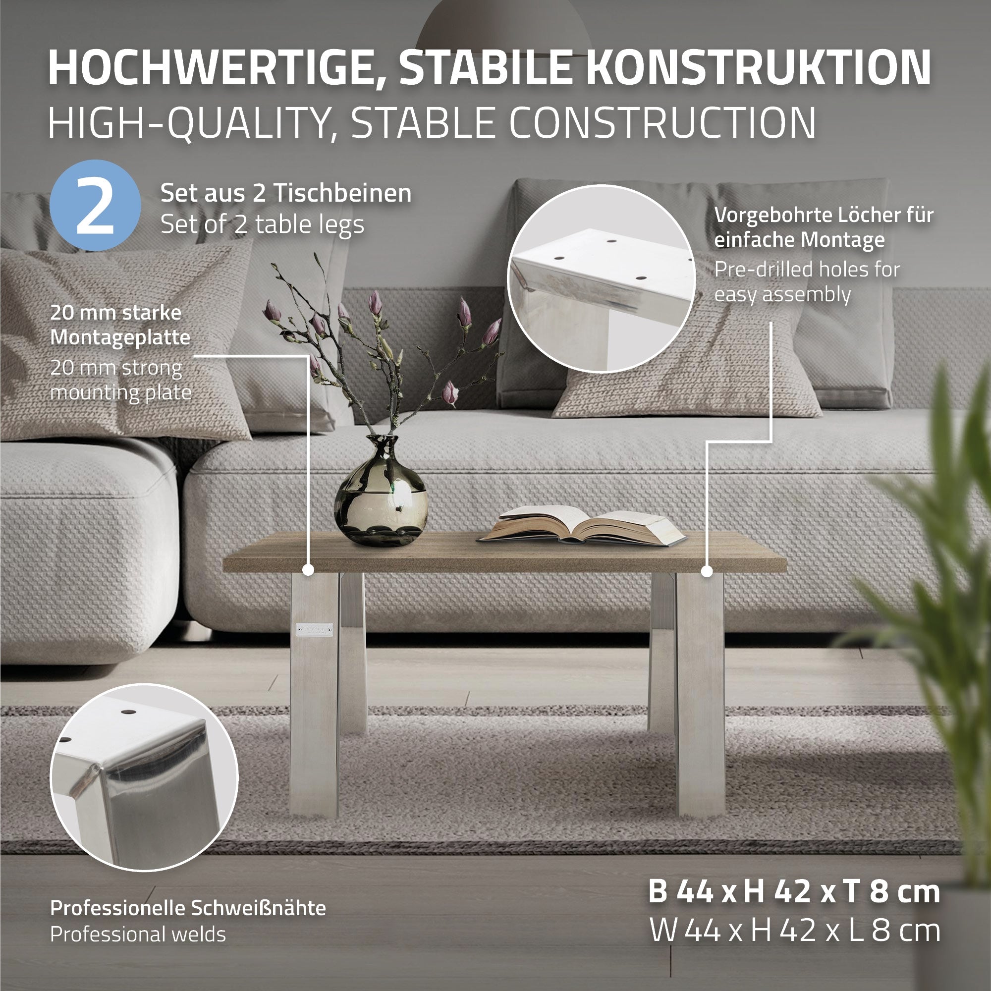 ECD Germany Möbel pieds de table trapèze acier noir 60x72 cm lot de 2