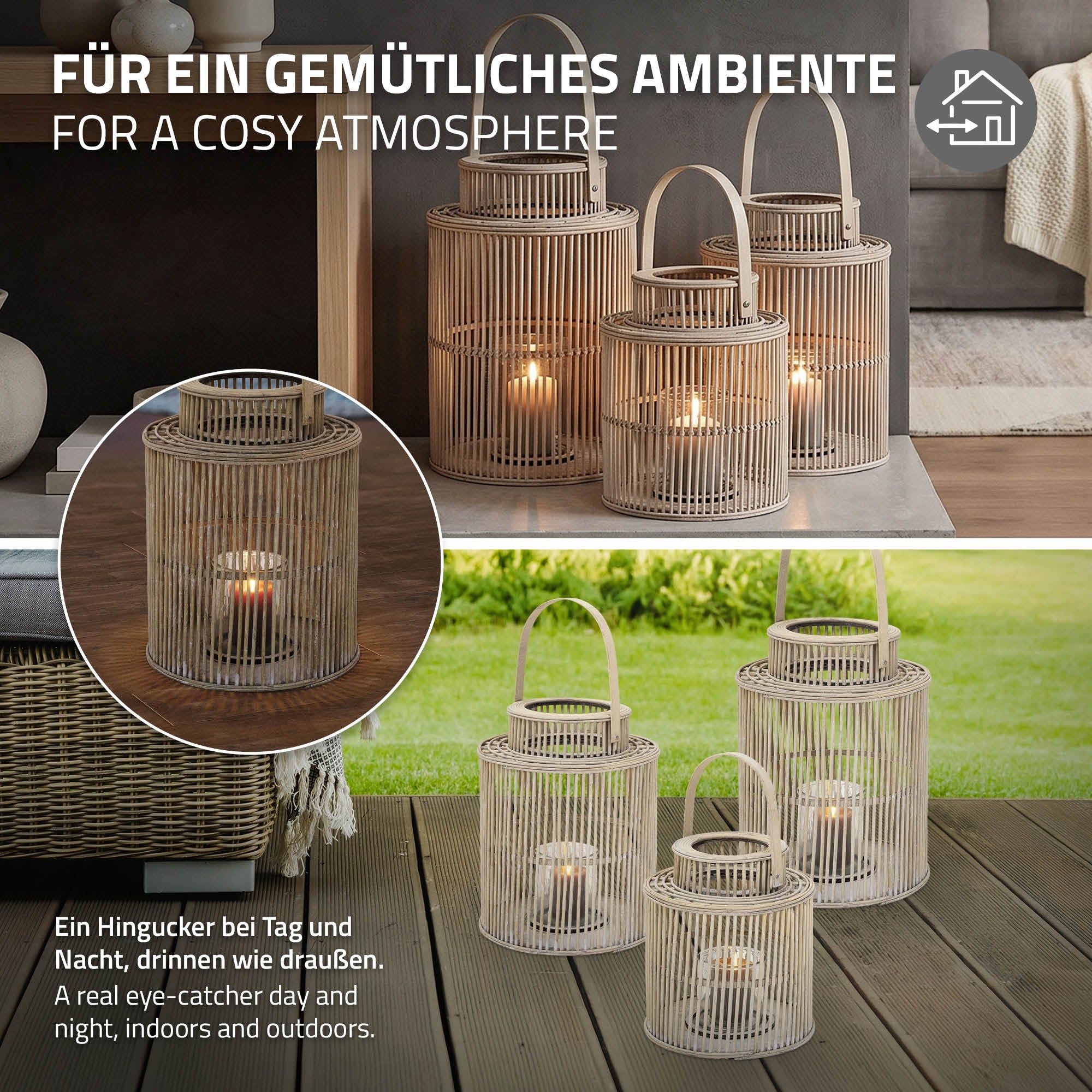 ECD Germany Garten lanterne bambou ronde photophore verre