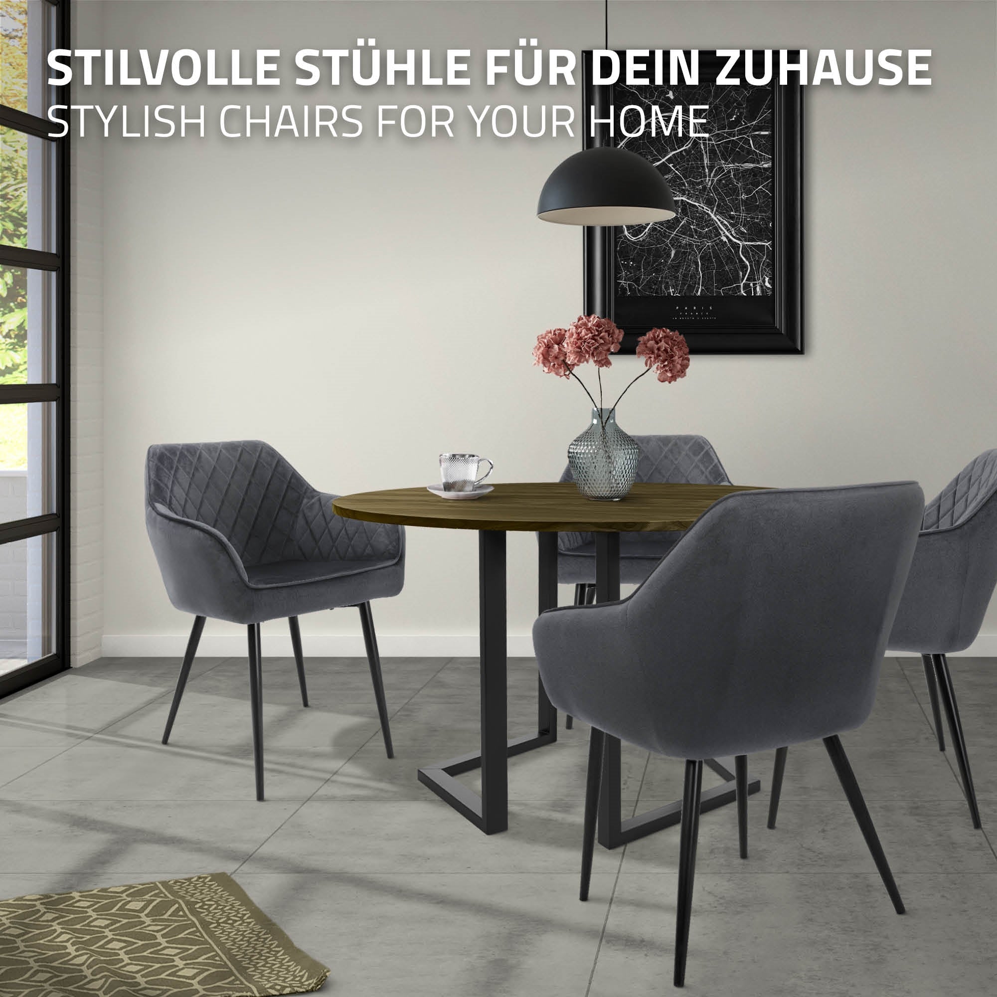 ECD Germany Möbel lot 4 chaises anthracite velours matelassé